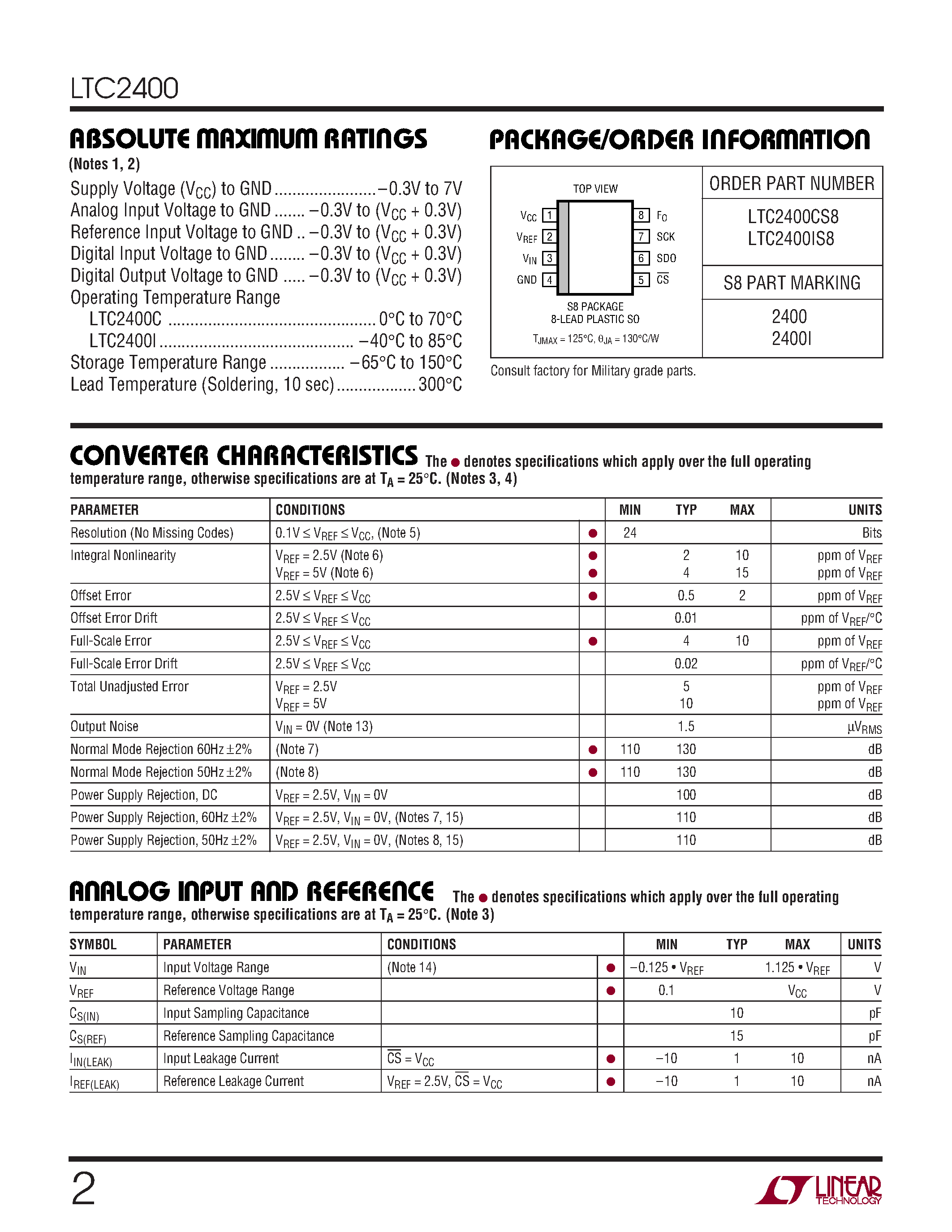 Datasheet LTC2400CS8 - 24-Bit uPower No Latency ADC in SO-8 page 2