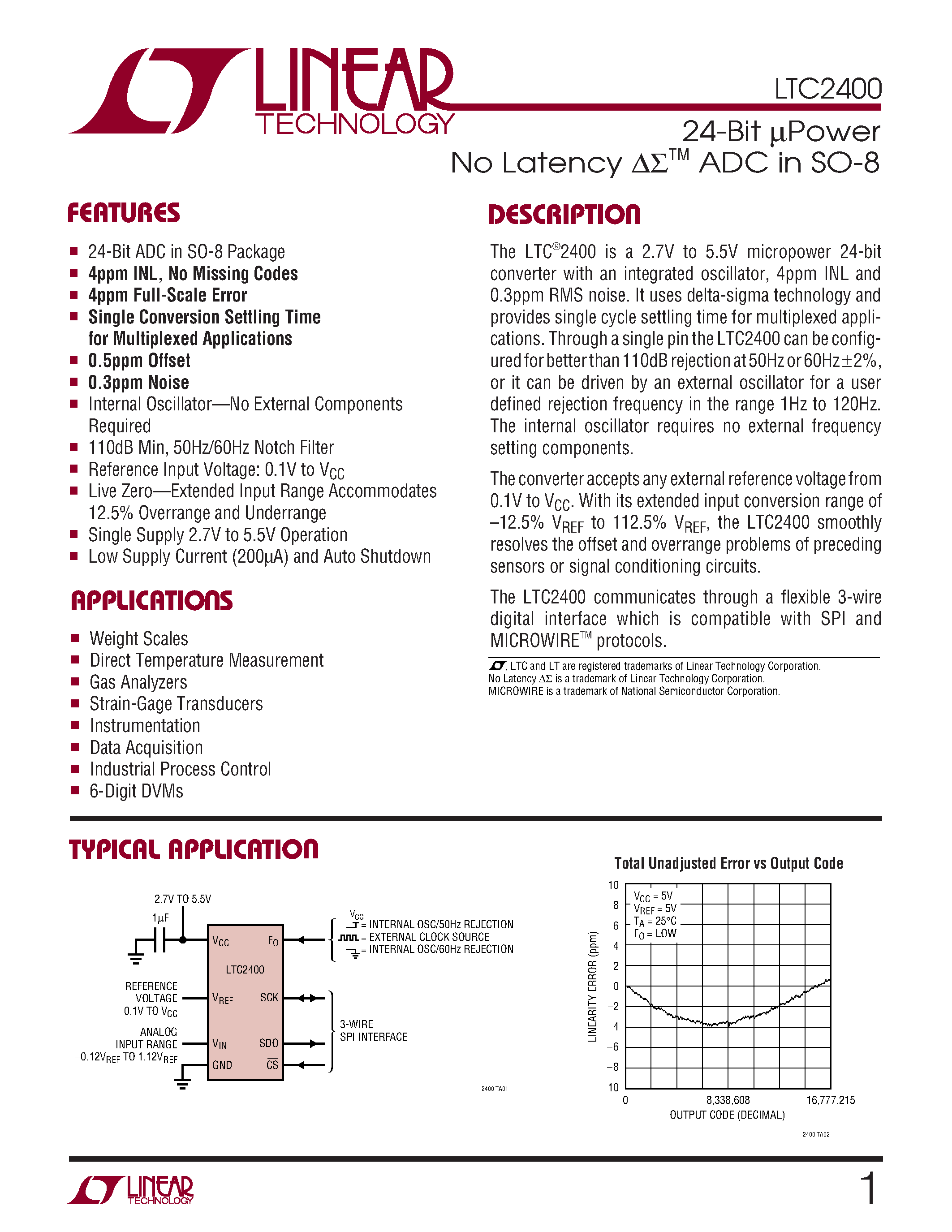 Datasheet LTC2400IS8 - 24-Bit uPower No Latency ADC in SO-8 page 1