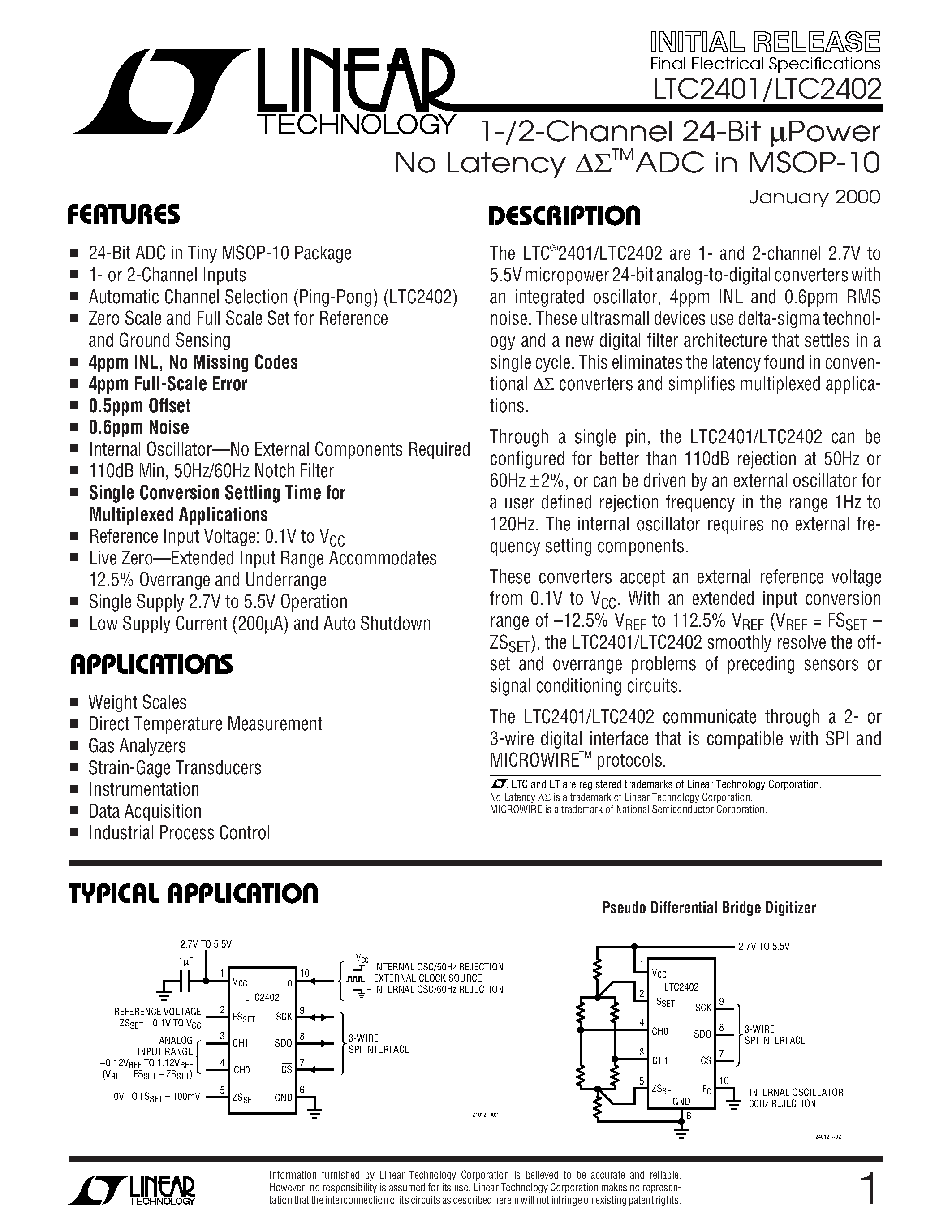 Даташит LTC2402 - 1-/2-Channel 24-Bit uPower No Latency ADC in MSOP-10 страница 1
