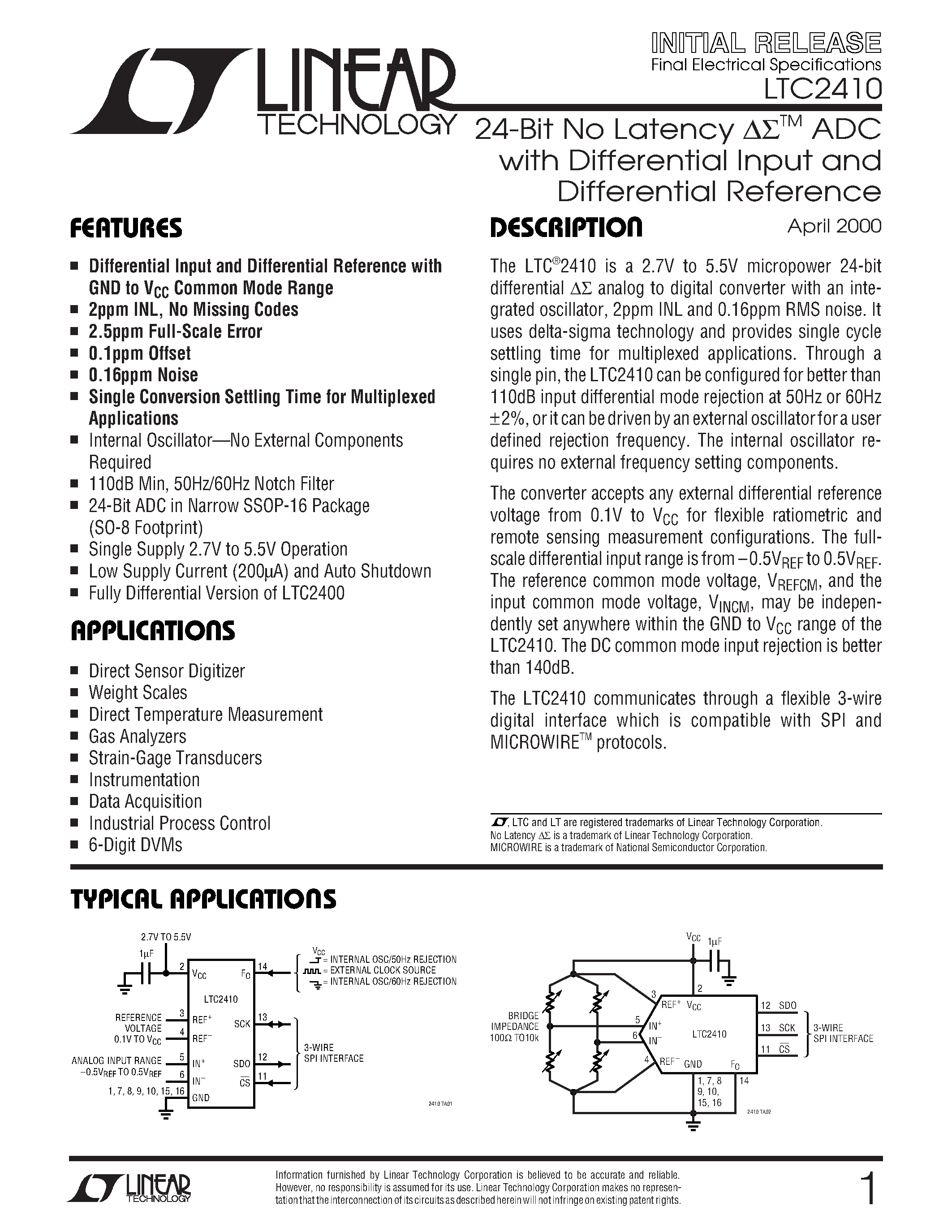 Datasheet LTC2410I - 24-Bit No Latency ADC with Differential Input and Differential Reference page 1