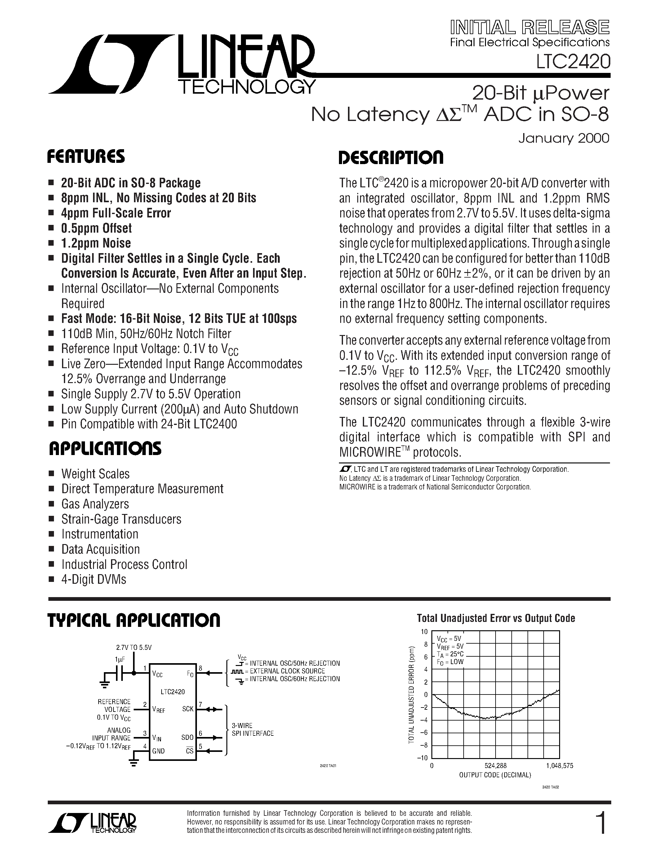 Datasheet LTC2420IS8 - 20-Bit uPower No Latency ADC in SO-8 page 1