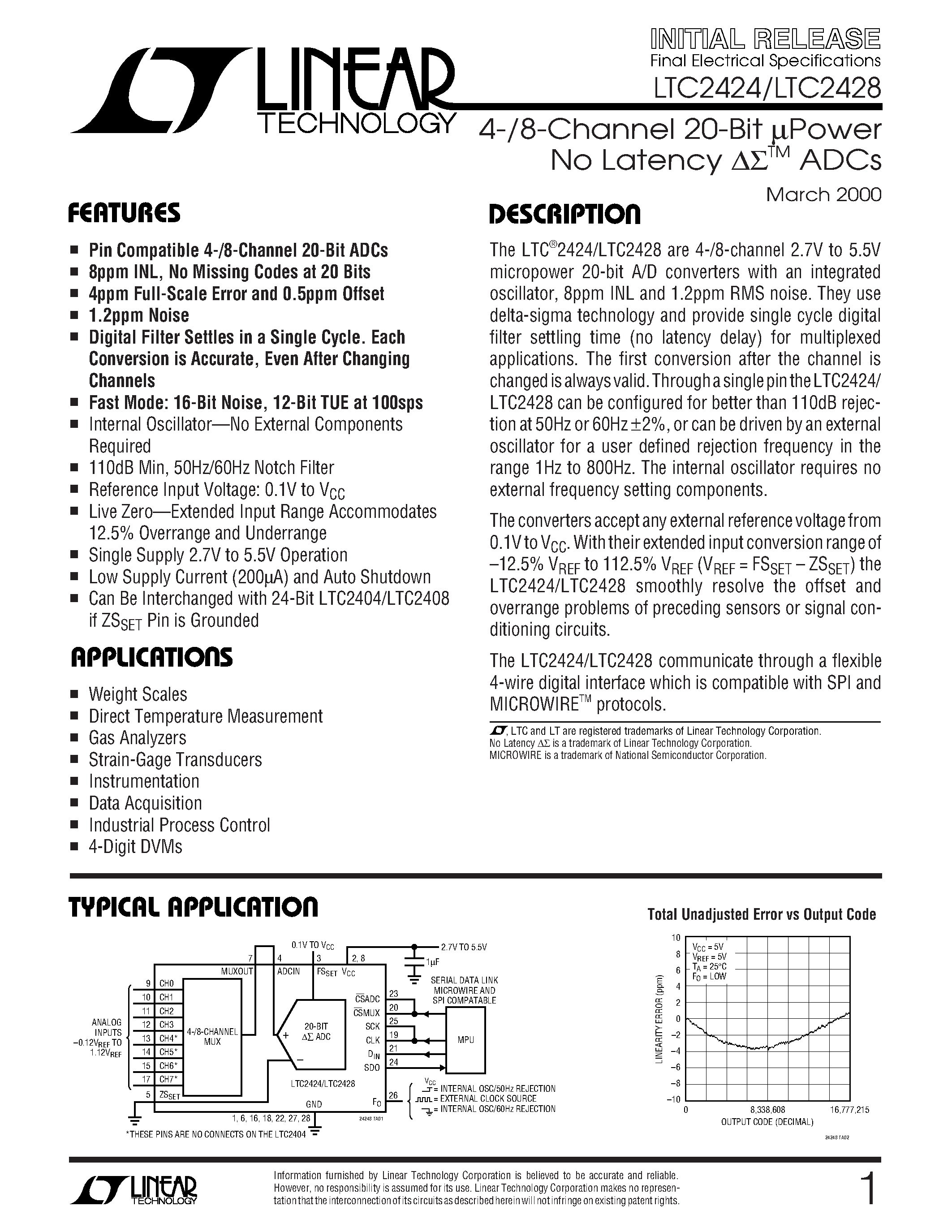 Datasheet LTC2424CG - 4-/8-Channel 20-Bit uPower No Latency ADCs page 1