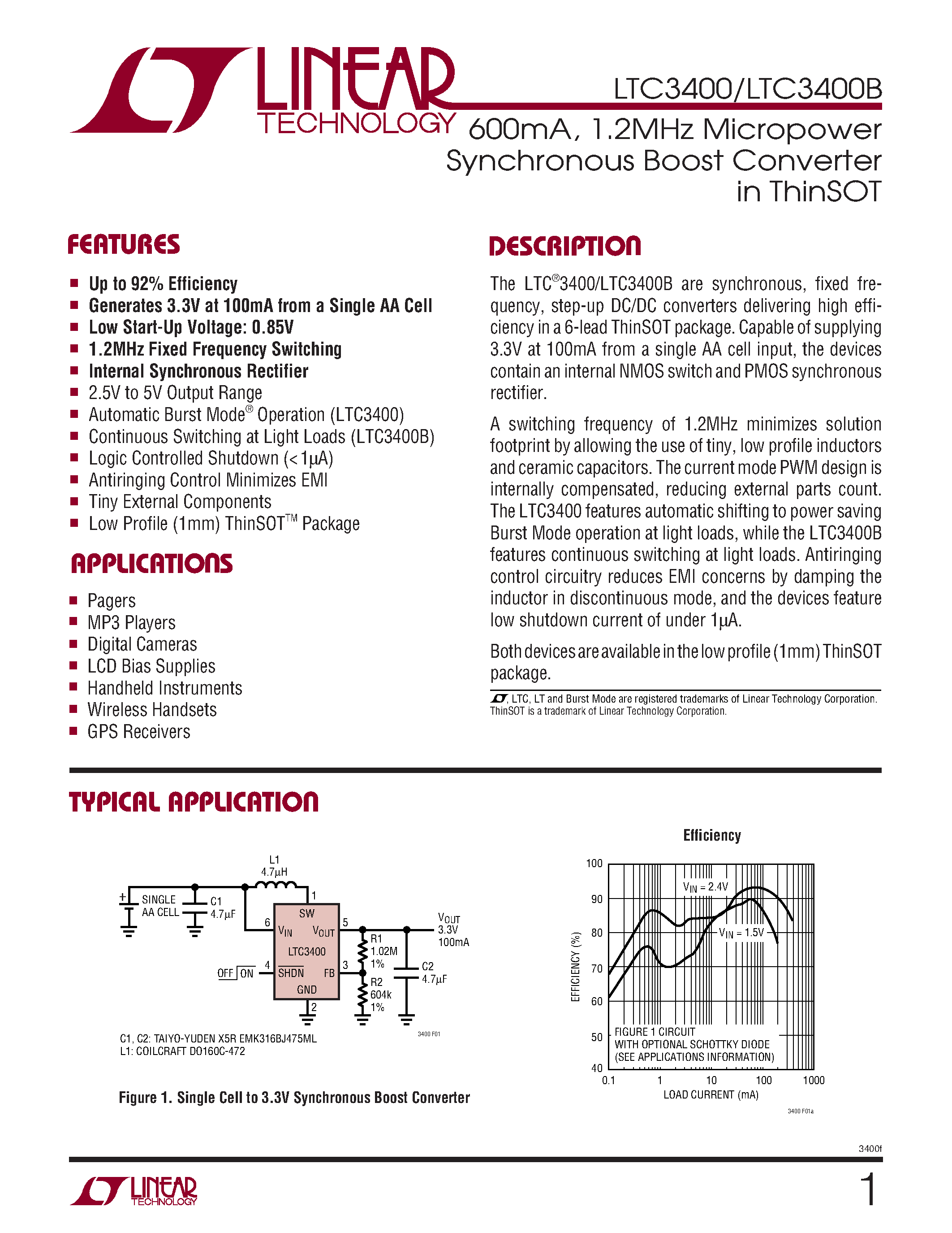 Даташит LTC3400BES6 - 600mA/ 1.2MHz Micropower Synchronous Boost Converter in ThinSOT страница 1