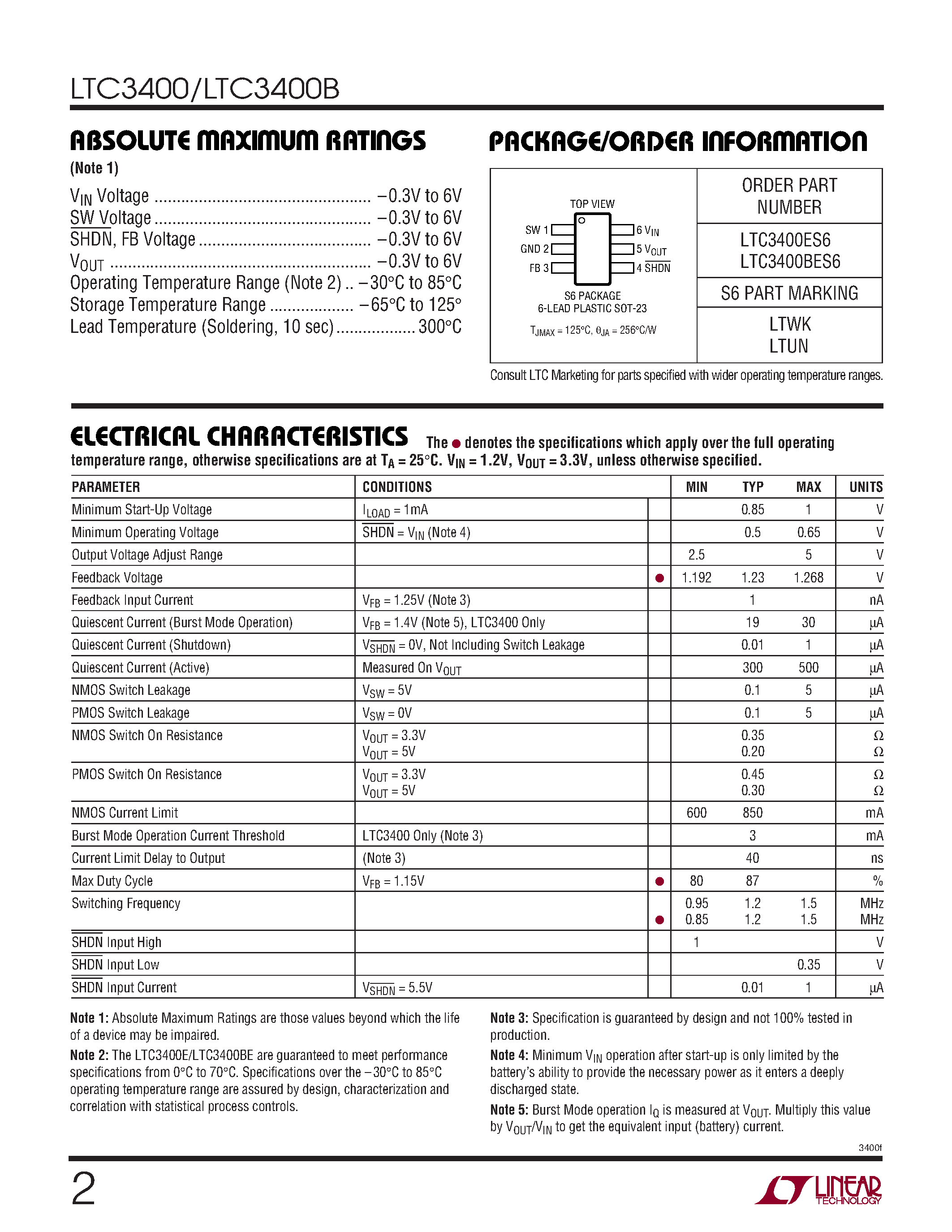 Даташит LTC3400ES6 - 600mA/ 1.2MHz Micropower Synchronous Boost Converter in ThinSOT страница 2