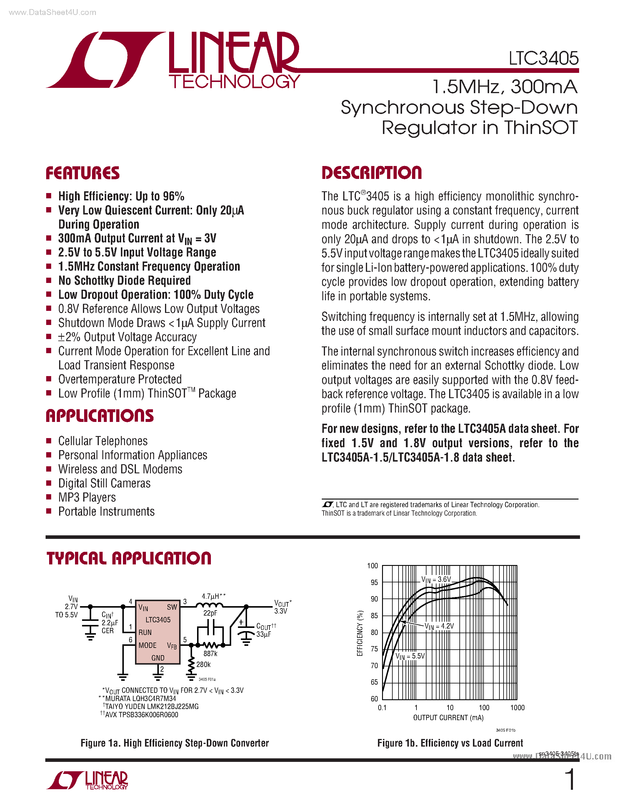 Datasheet LTC3405 - Dual DC/DC Converter with USB Power Manager and Li-Ion Battery Charger page 1