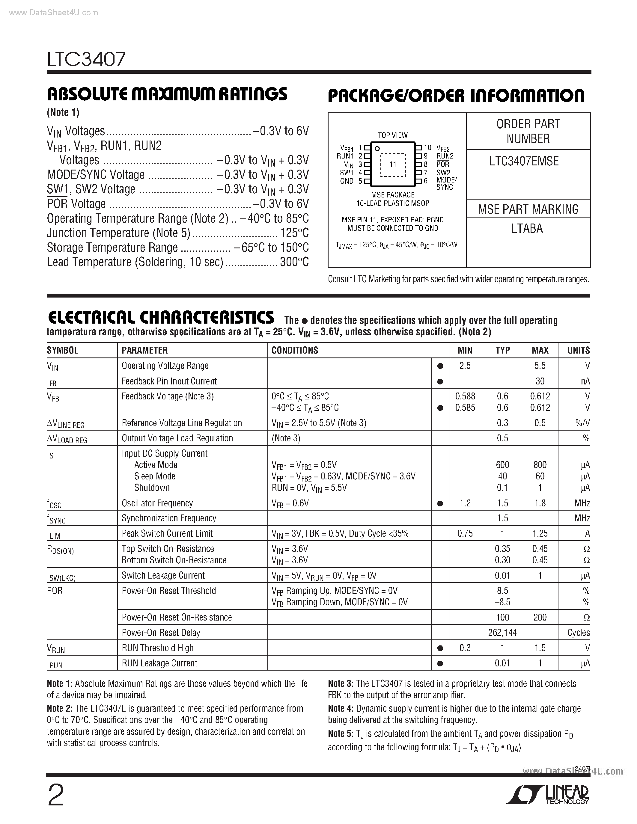 Datasheet LTC3407 - Dual DC/DC Converter with USB Power Manager and Li-Ion Battery Charger page 2