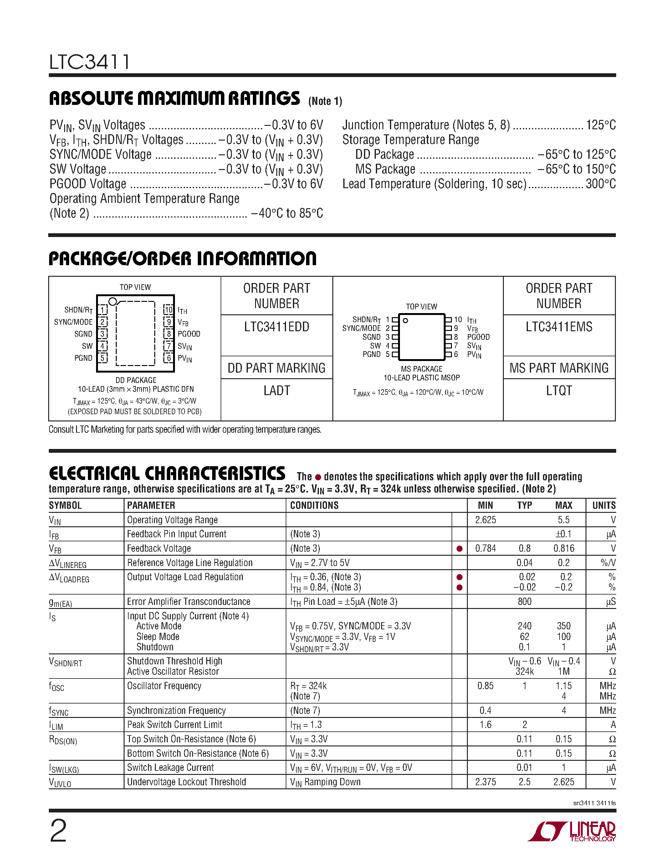 Datasheet LTC3411 page 2 Datasheet LTC3411 - 1.25A/ 4MHz/ Synchronous Step-Down DC/DC Converter page 2