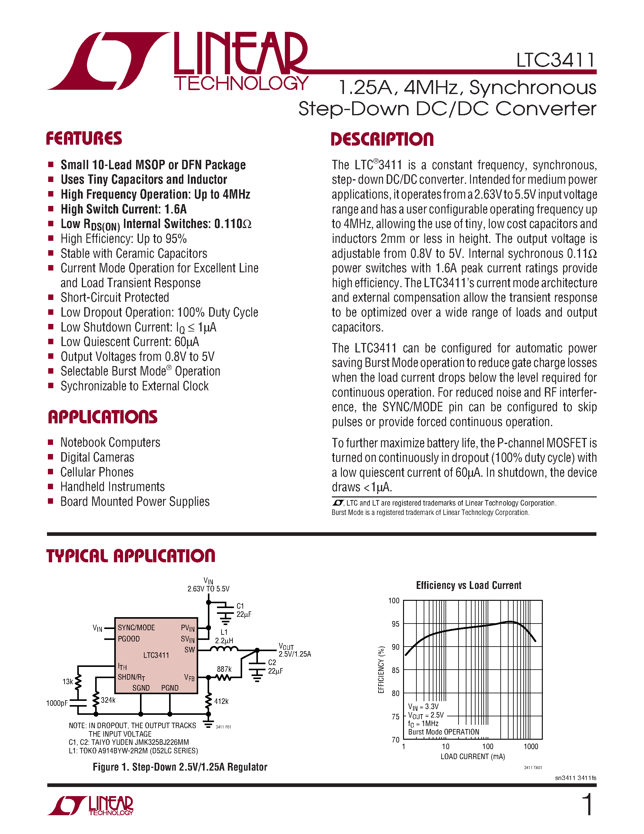 Datasheet LTC3411EMS - 1.25A/ 4MHz/ Synchronous Step-Down DC/DC Converter page 1