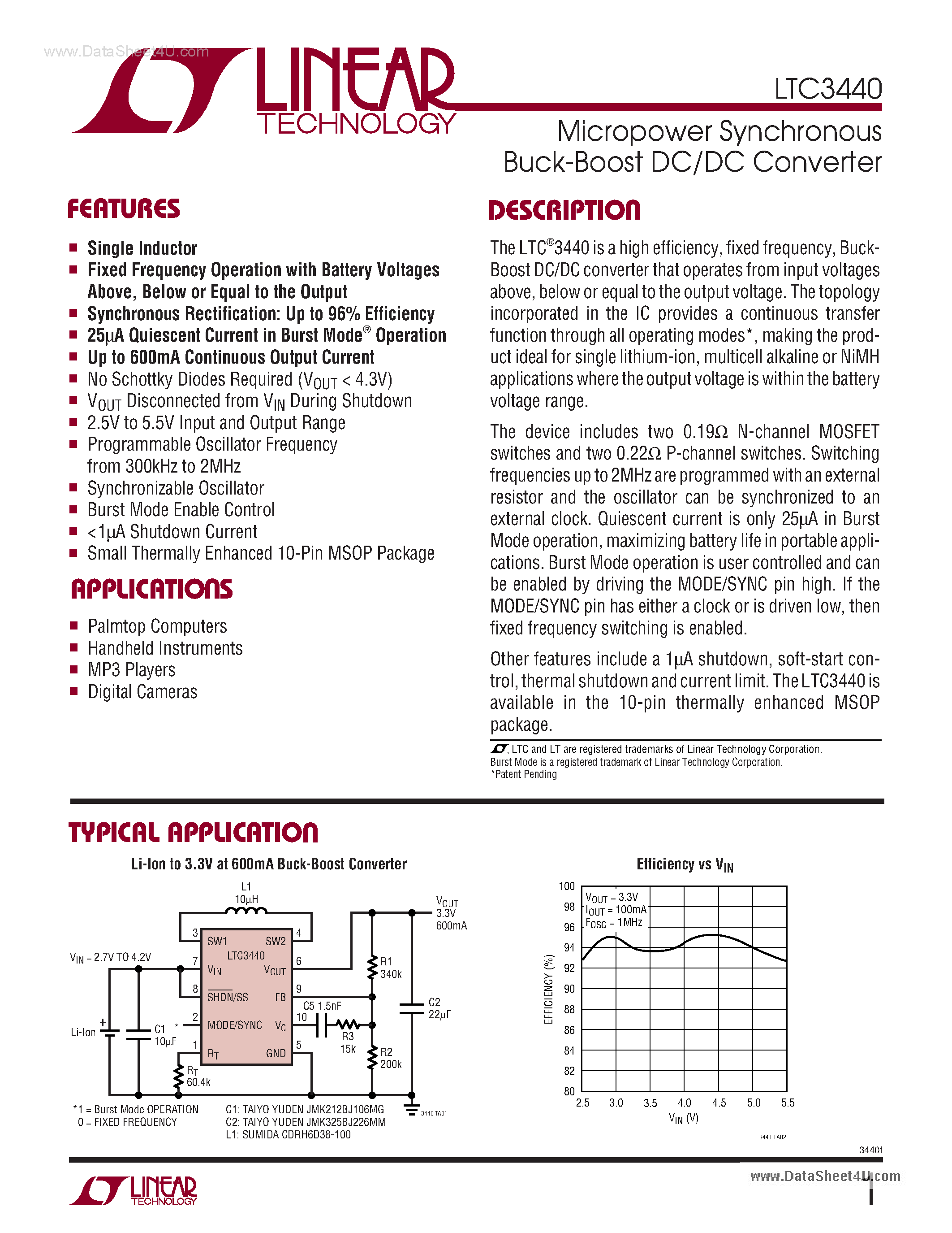 Datasheet LTC3440 - Dual DC/DC Converter with USB Power Manager and Li-Ion Battery Charger page 1