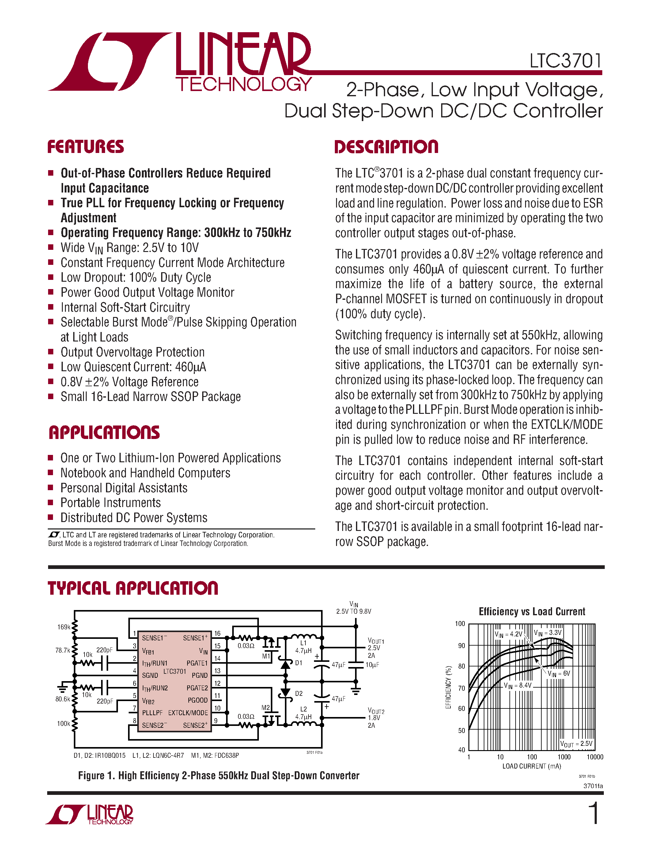 Даташит LTC3701EGN - 2-Phase/ Low Input Voltage/ Dual Step-Down DC/DC Controller страница 1