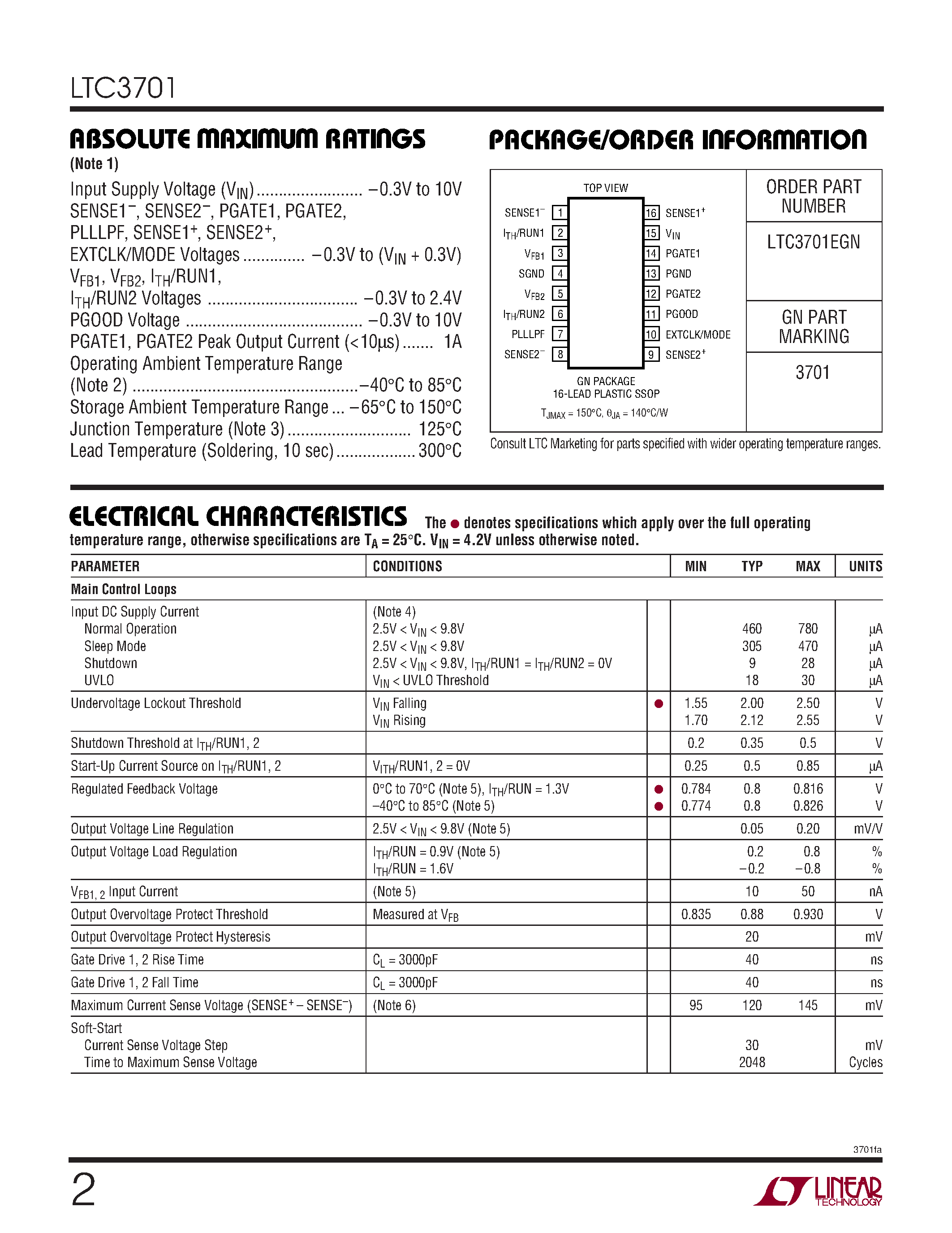 Даташит LTC3701EGN - 2-Phase/ Low Input Voltage/ Dual Step-Down DC/DC Controller страница 2