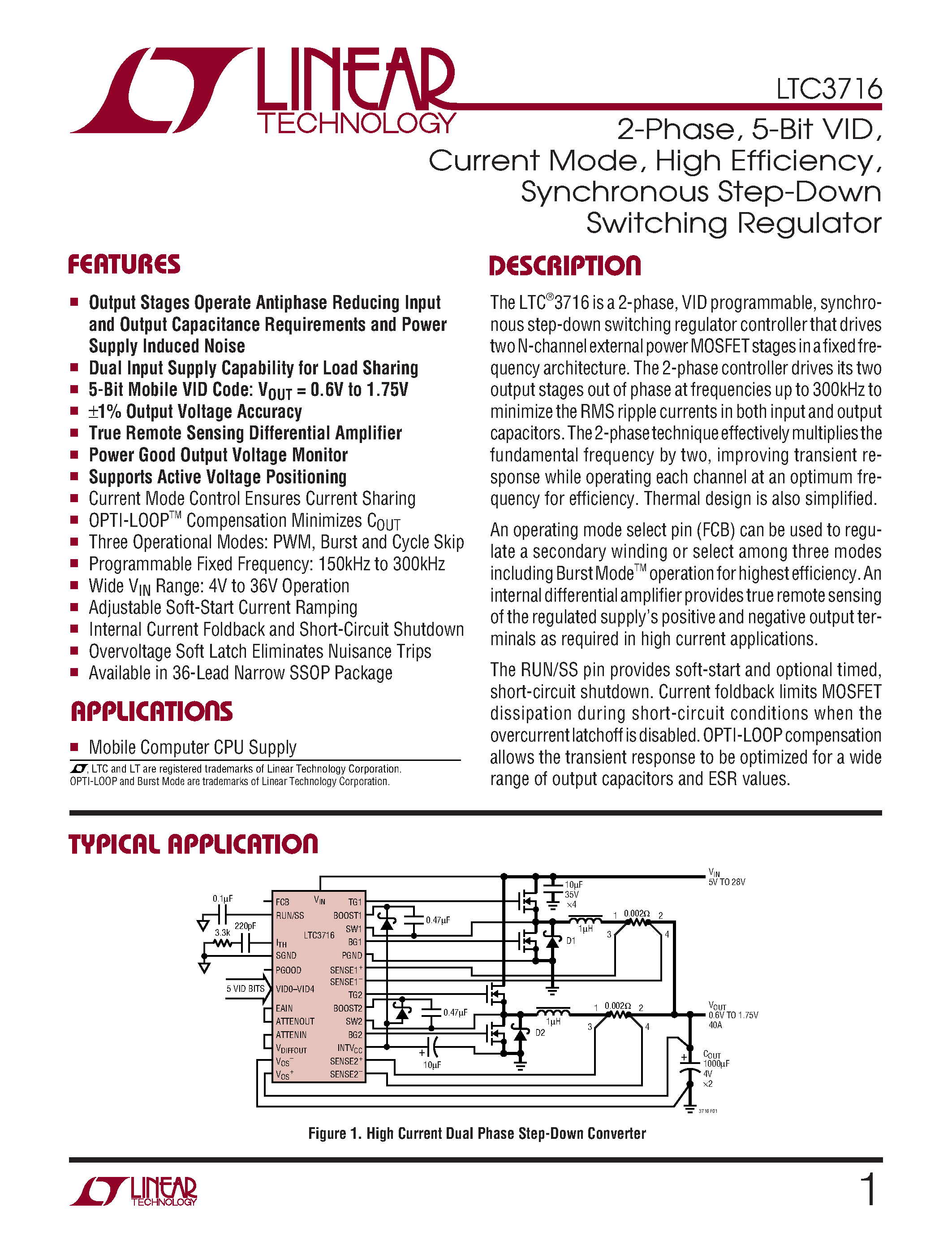 Datasheet LTC3716EG - 2-Phase/ 5-Bit VID/ Current Mode/ High Efficiency/ Synchronous Step-Down Switching Regulator page 1