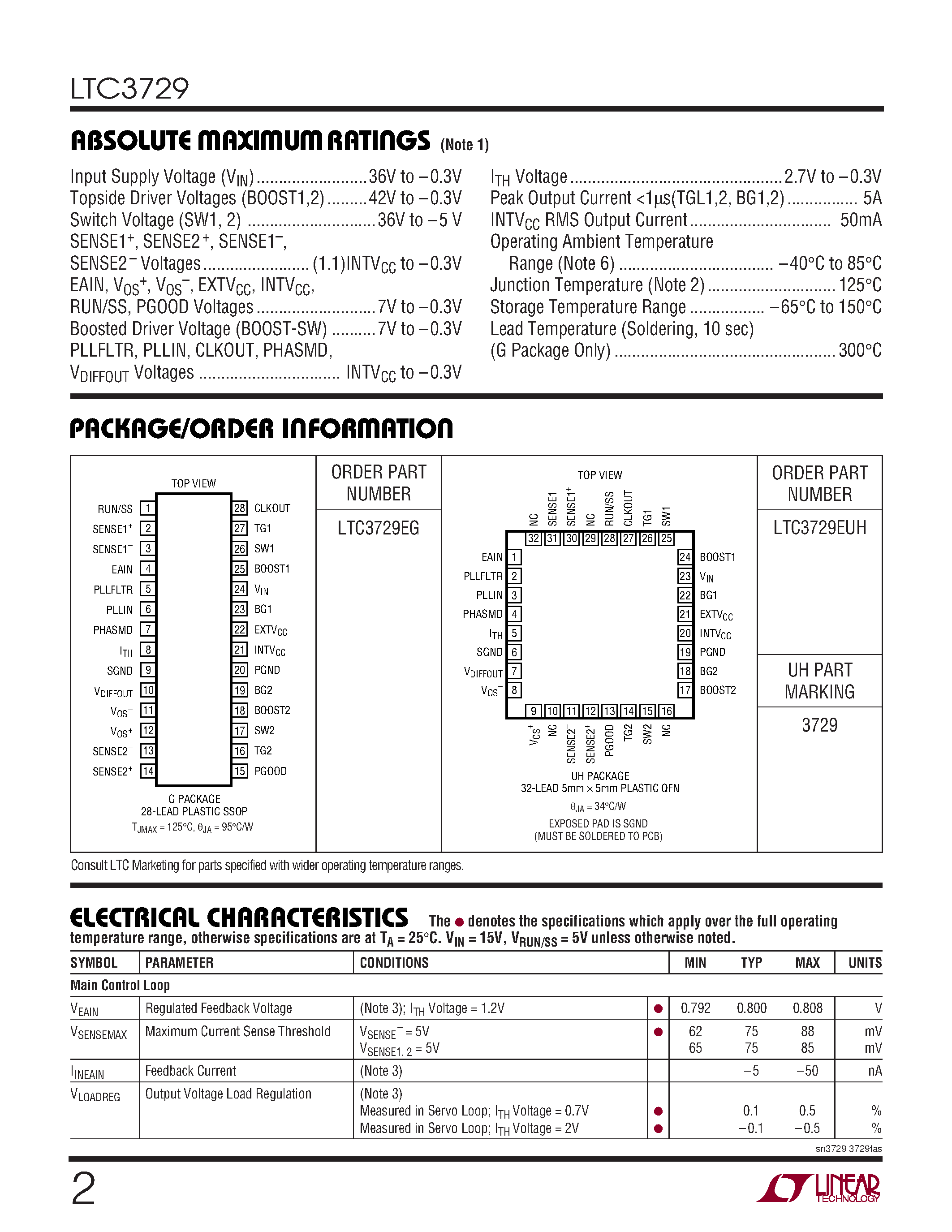 Datasheet LTC3729 - 550kHz/ PolyPhase/ High Efficiency/ Synchronous Step-Down Switching Regulator page 2