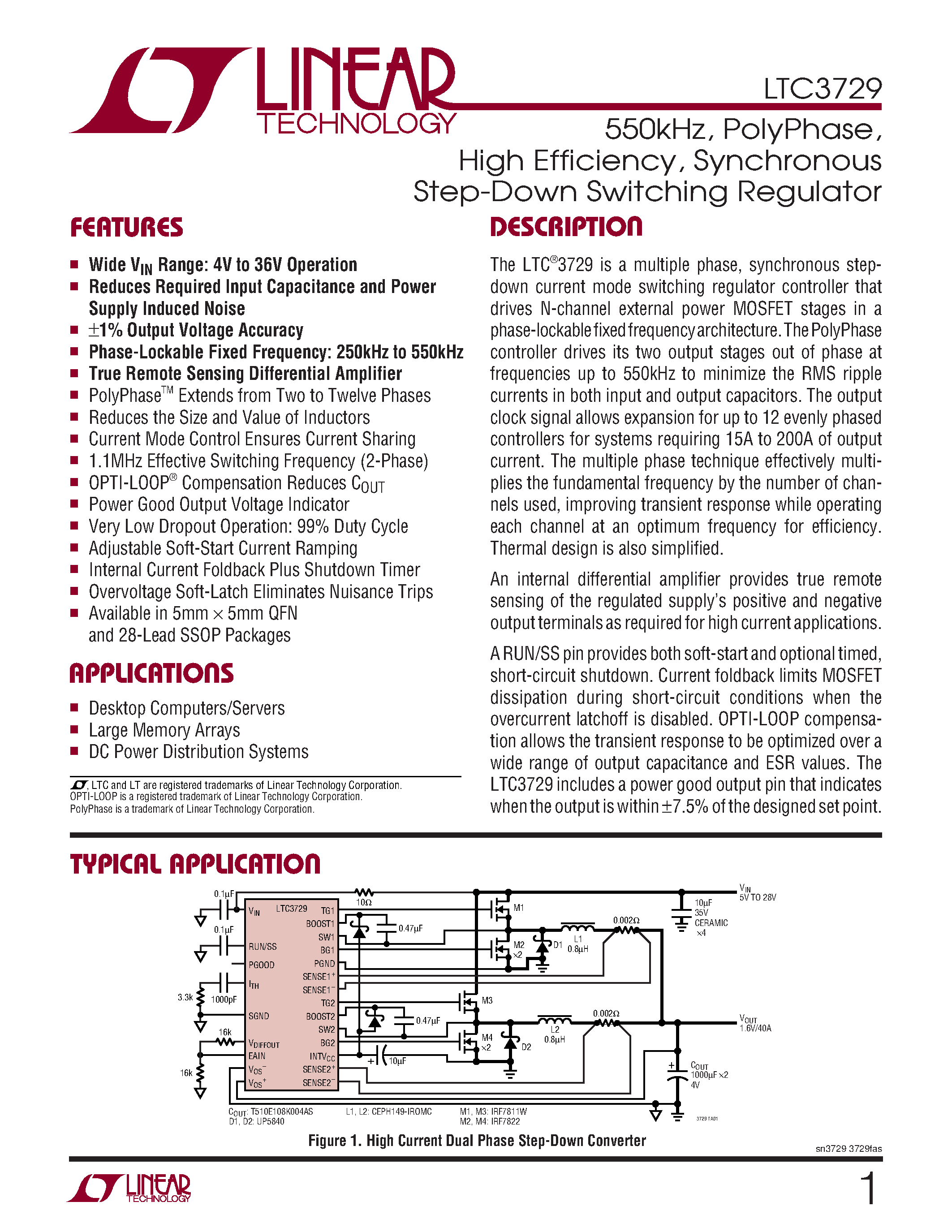 Datasheet LTC3729EG - 550kHz/ PolyPhase/ High Efficiency/ Synchronous Step-Down Switching Regulator page 1