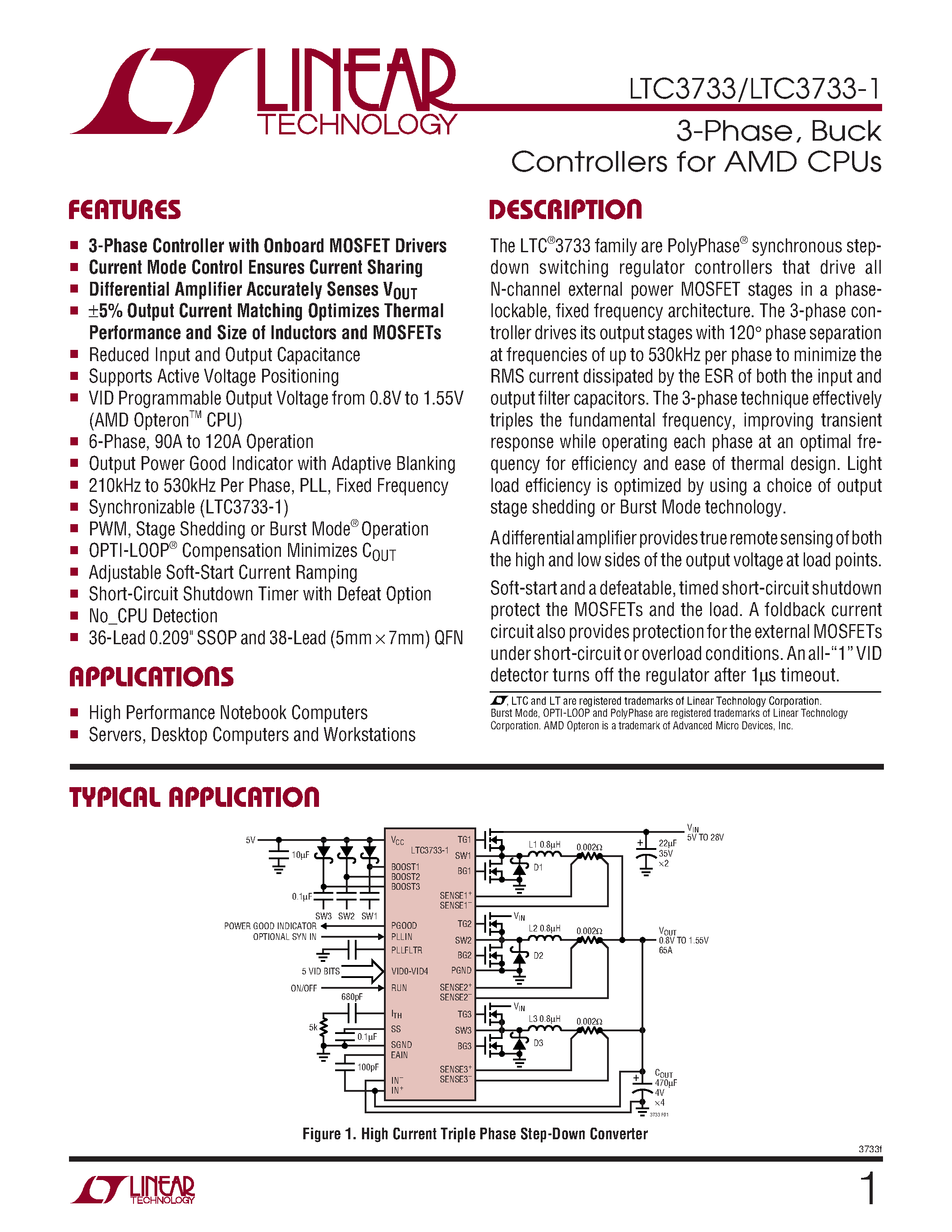 Datasheet LTC3733 - 3-Phase/ Buck Controllers for AMD CPUs page 1