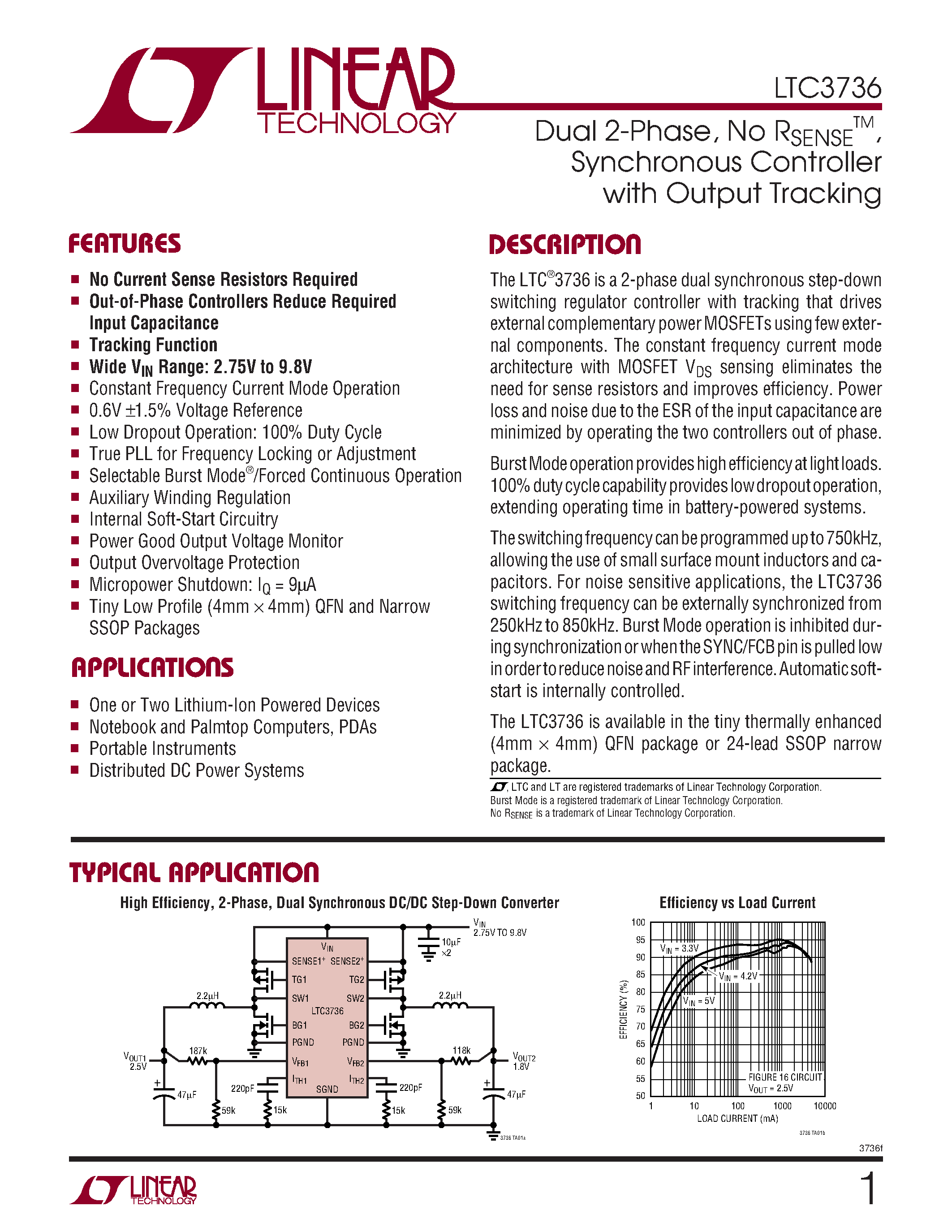 Даташит LTC3736EGN - Dual 2-Phase/ No RSENSE Synchronous Controller with Output Tracking страница 1