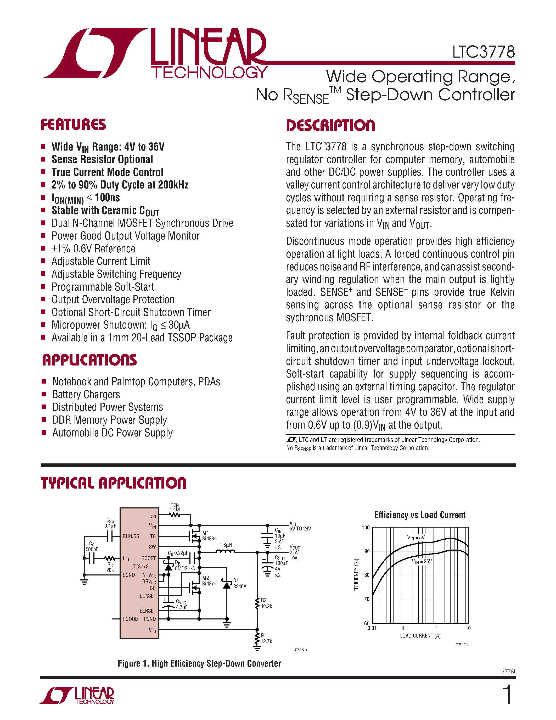 Datasheet LTC3778EF - Wide Operating Range/ No RSENSE Step-Down Controller page 1