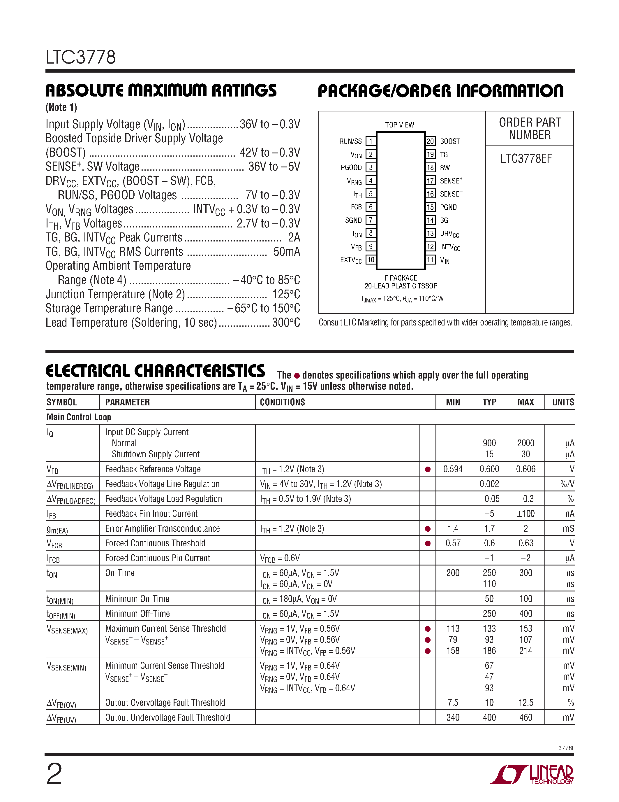 Datasheet LTC3778EF - Wide Operating Range/ No RSENSE Step-Down Controller page 2