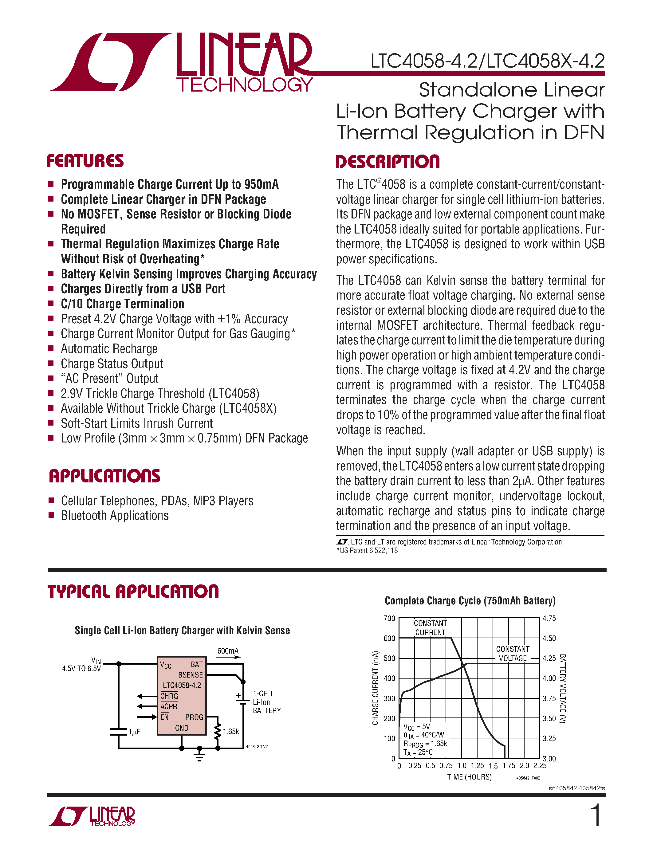 Даташит LTC4058XEDD-4.2 - Standalone Linear Li-Ion Battery Charger with Thermal Regulation in DFN страница 1