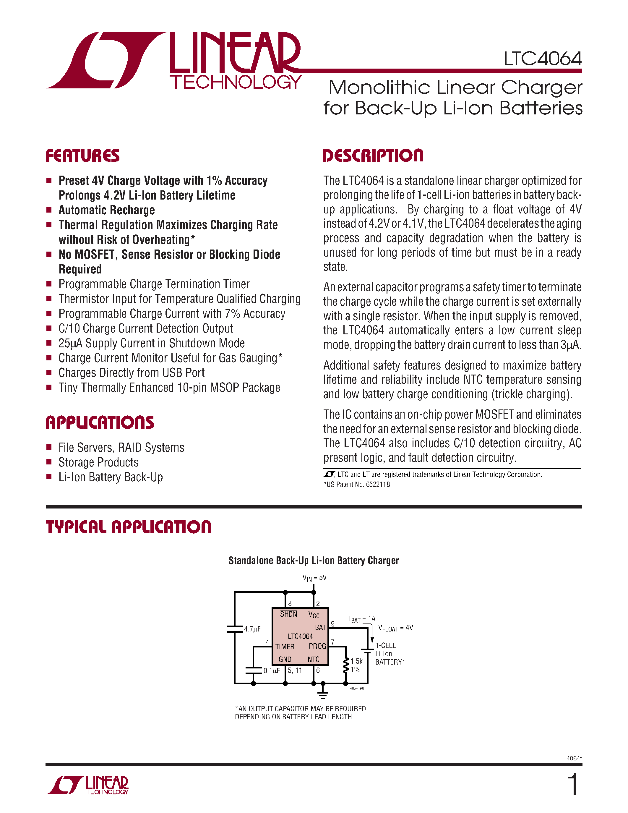 Datasheet LTC4064 - Monolithic Linear Charger for Back-Up Li-Ion Batteries page 1