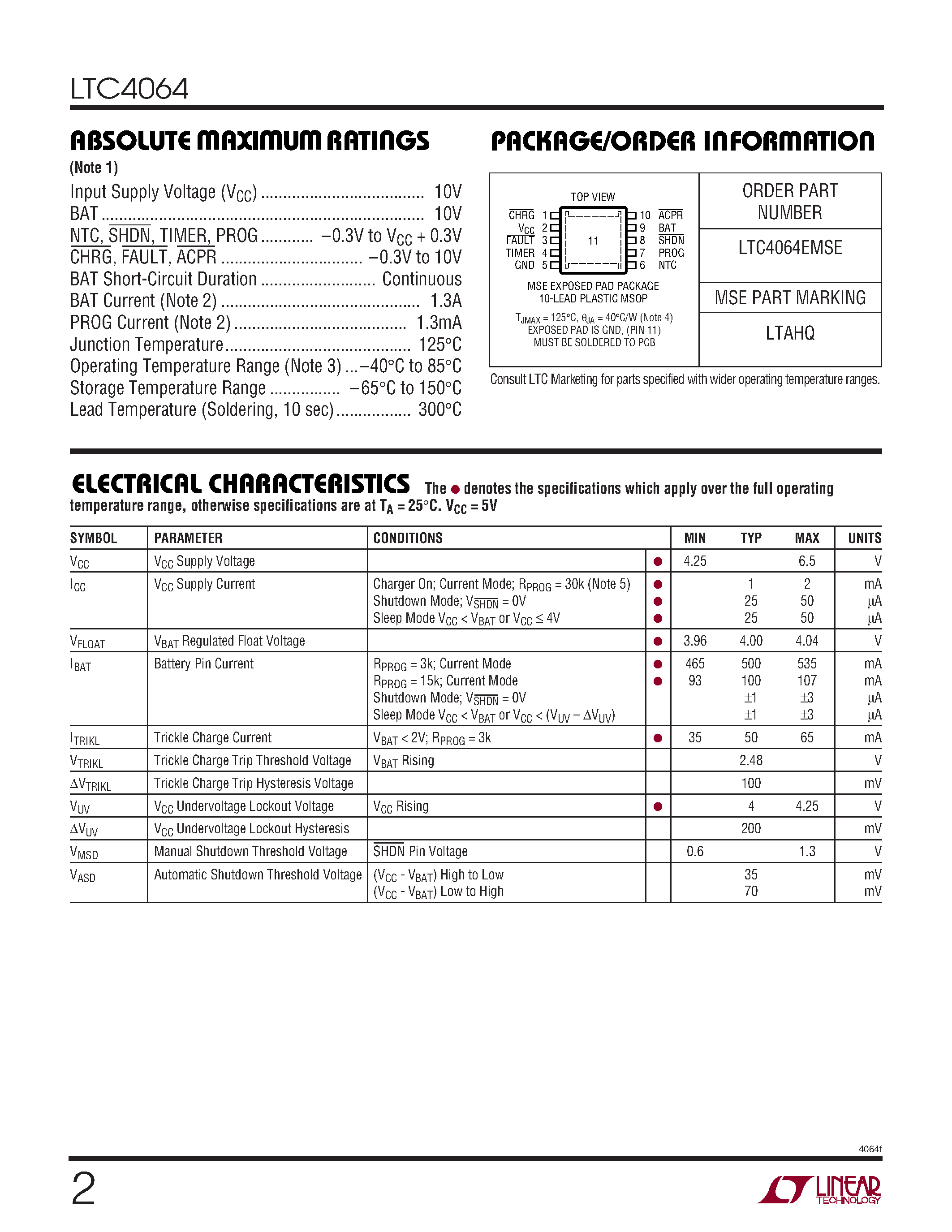 Datasheet LTC4064 - Monolithic Linear Charger for Back-Up Li-Ion Batteries page 2