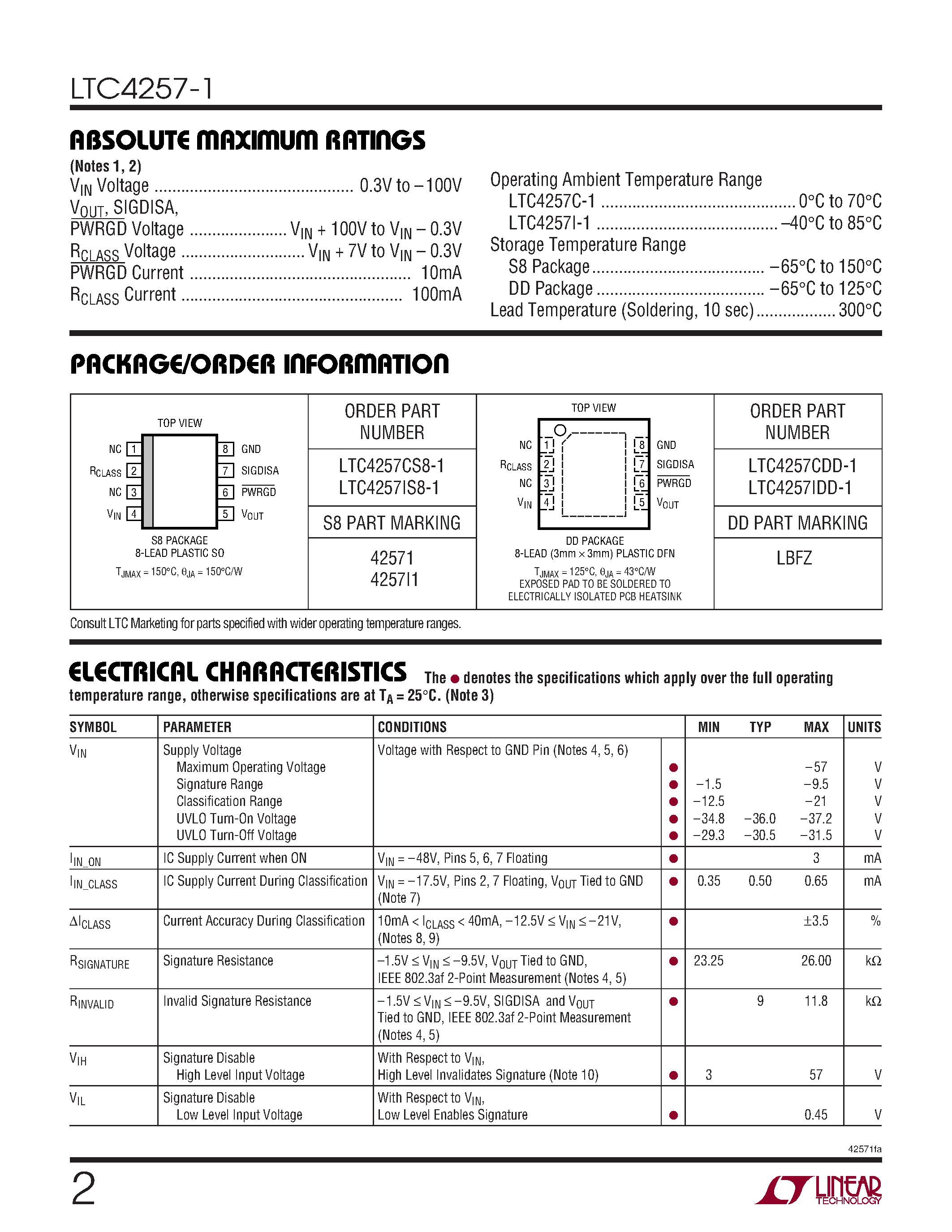 Datasheet LTC4257CS8-1 page 2 Datasheet LTC4257CS8-1 - Power over Ethernet Interface Controller with Dual Current Limit page 2