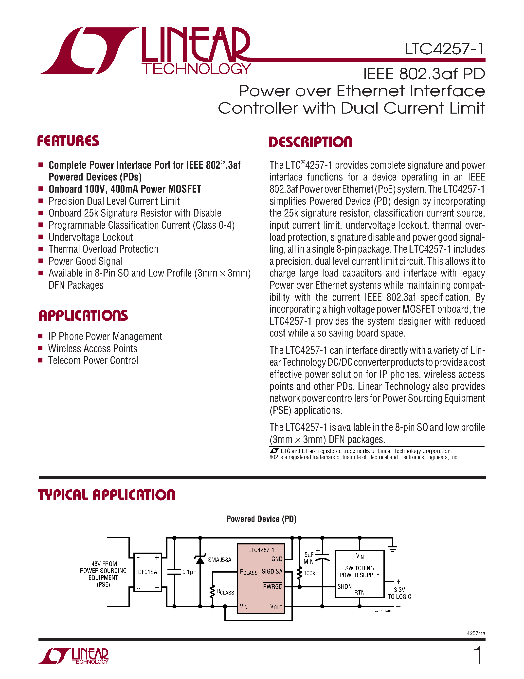 Datasheet LTC4257IDD-1 page 1 Datasheet LTC4257IDD-1 - Power over Ethernet Interface Controller with Dual Current Limit page 1