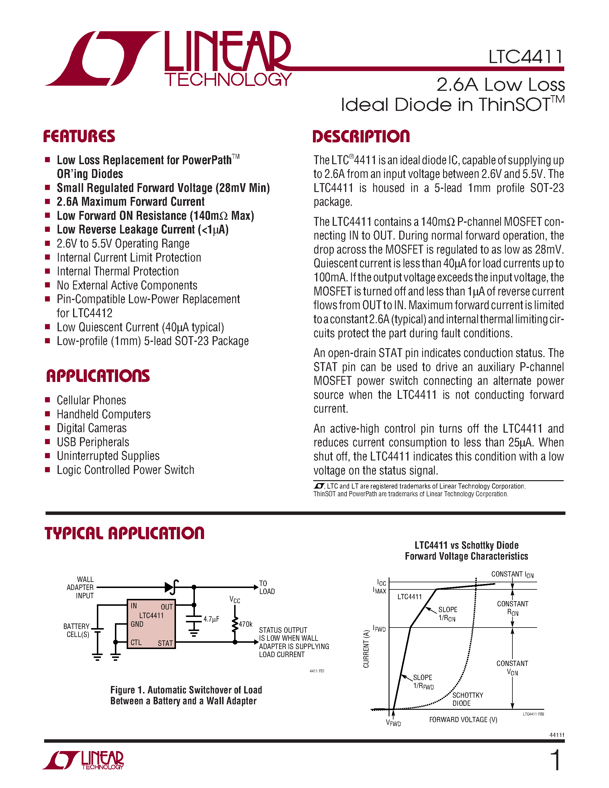 Даташит LTC4411ES5 - 2.6A Low Loss Ideal Diode in ThinSOT страница 1