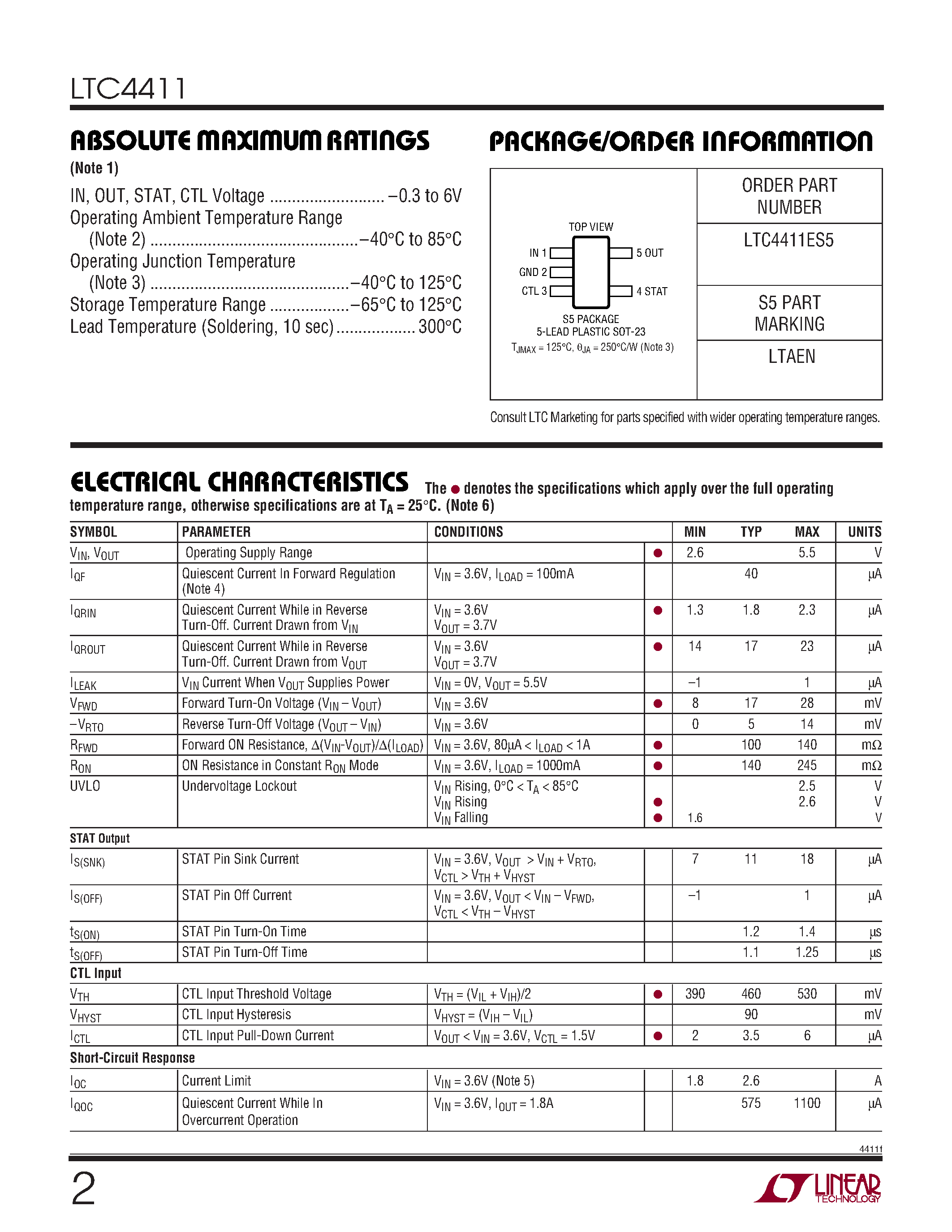 Даташит LTC4411ES5 - 2.6A Low Loss Ideal Diode in ThinSOT страница 2