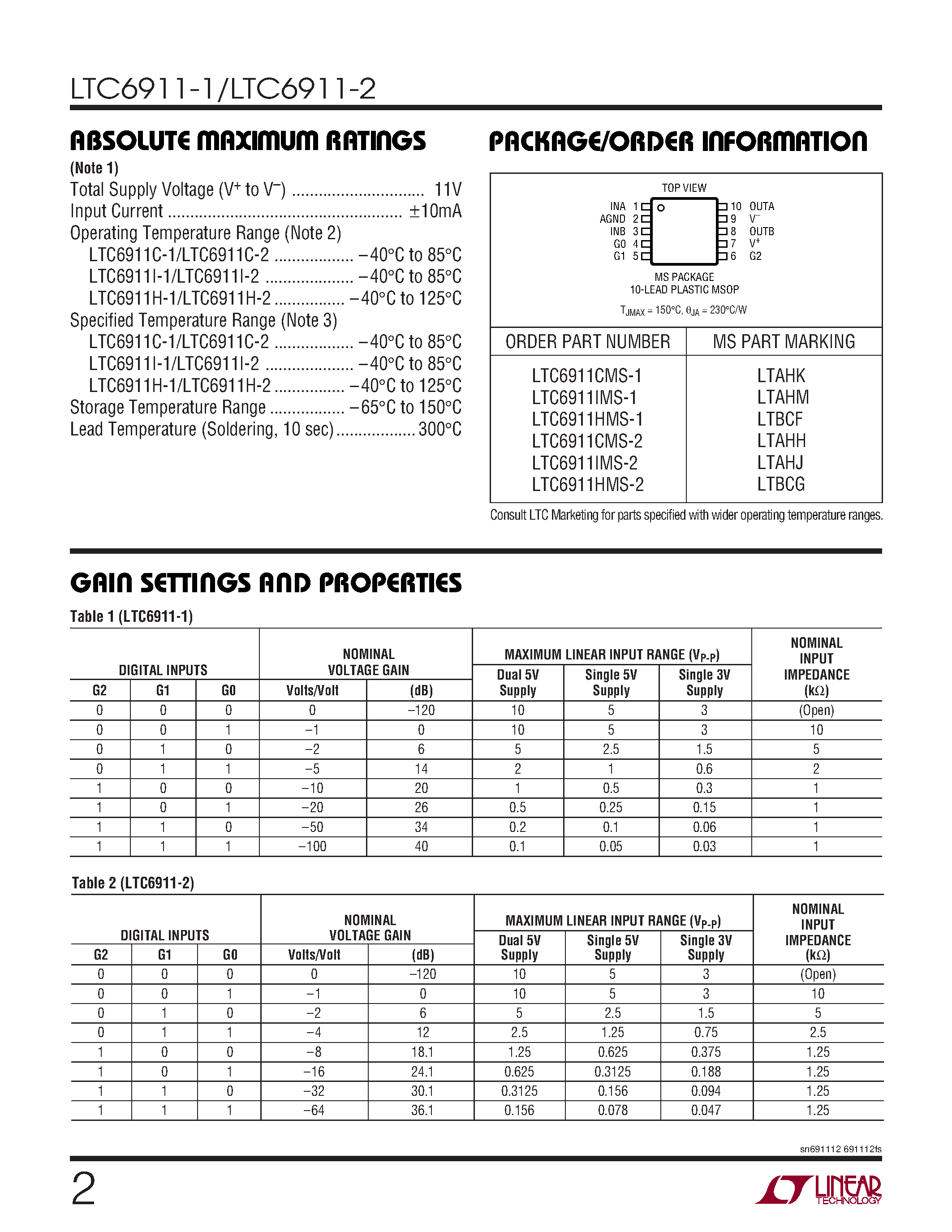 Datasheet LTC6911-1 - Dual Matched Amplifiers with Digitally Programmable Gain in MSOP page 2