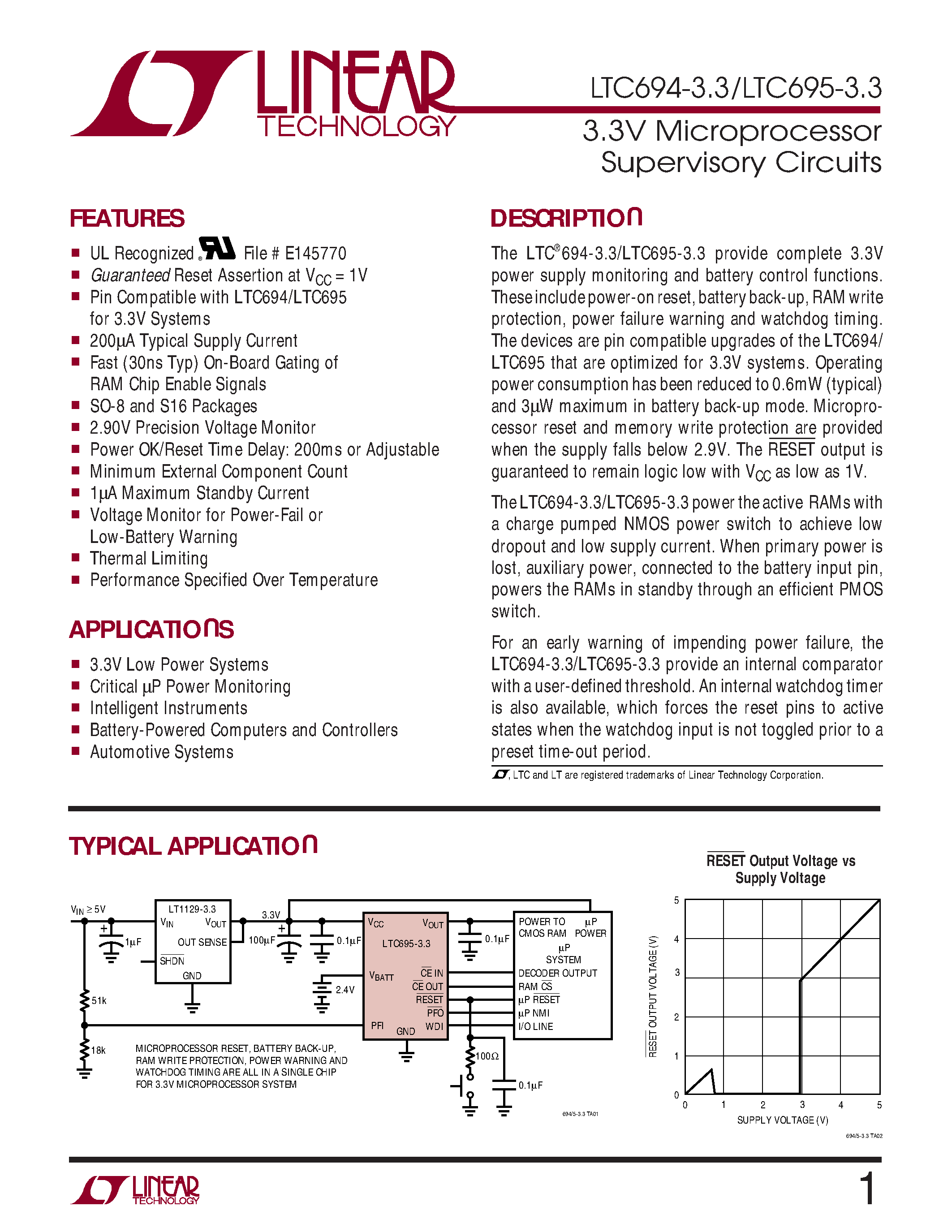 Даташит LTC695I-3.3 - 3.3V Microprocessor Supervisory Circuits страница 1