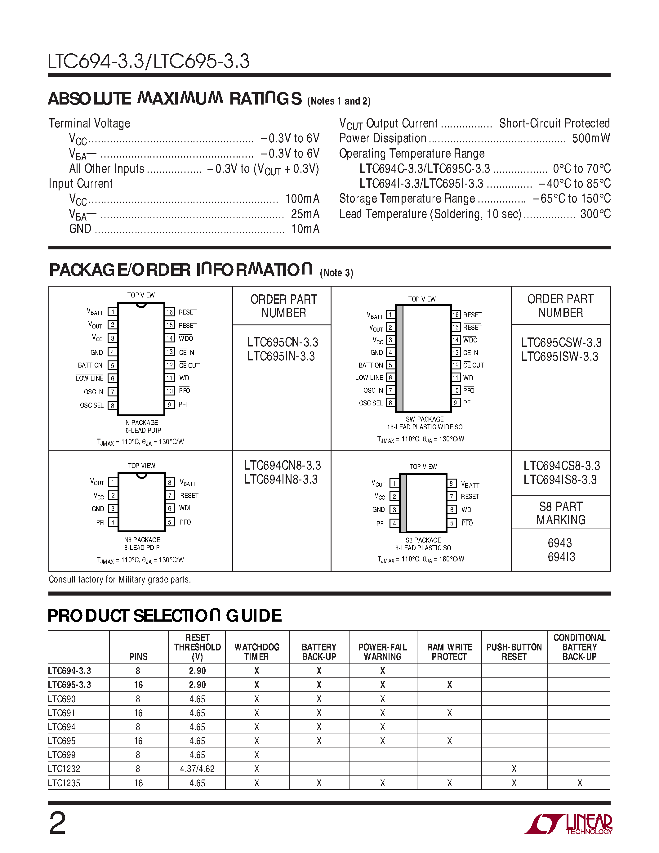 Даташит на микросхему LTC695IN-3.3 страница 2 Даташит LTC695IN-3.3 - 3.3V Microprocessor Supervisory Circuits страница 2
