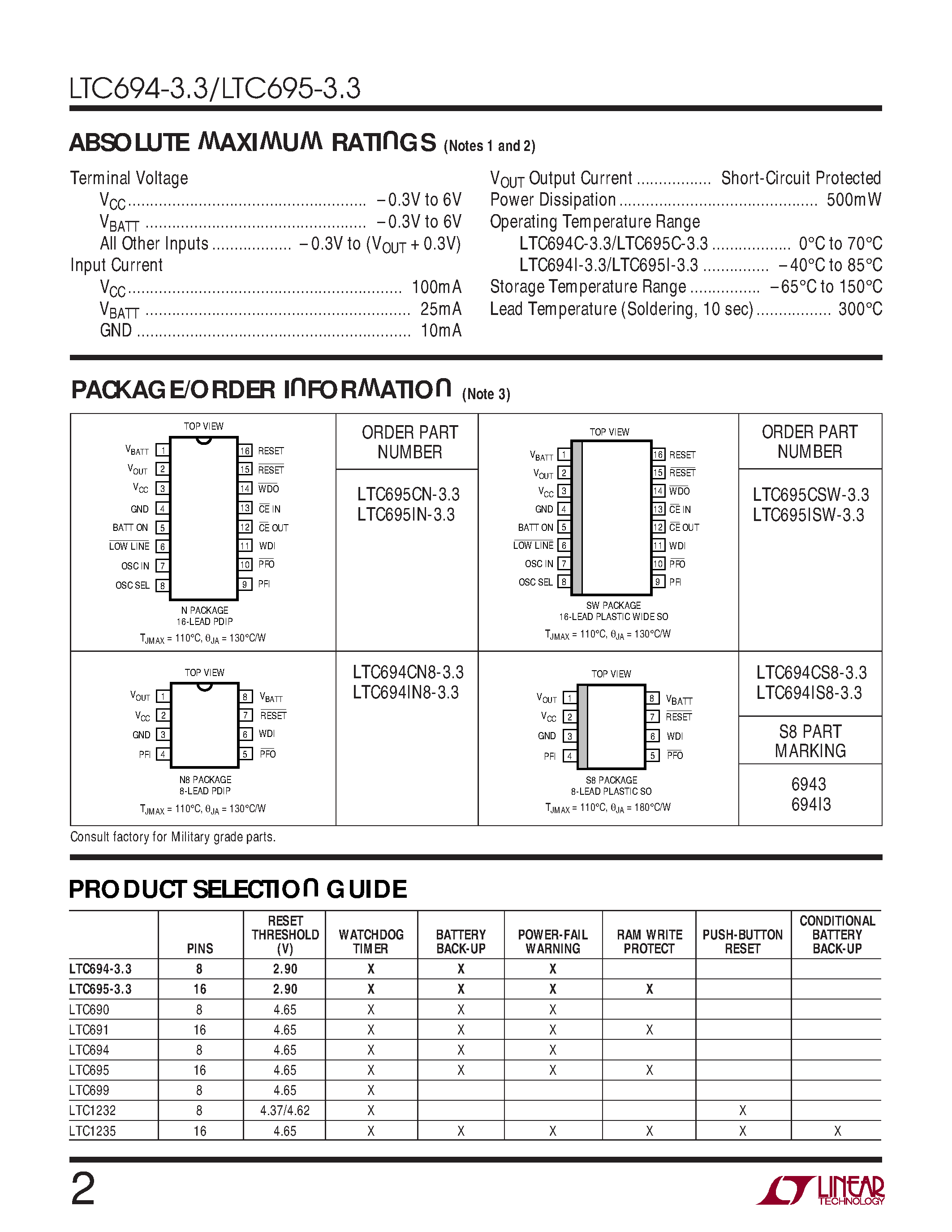 Datasheet LTC695ISW-3.3 - 3.3V Microprocessor Supervisory Circuits page 2