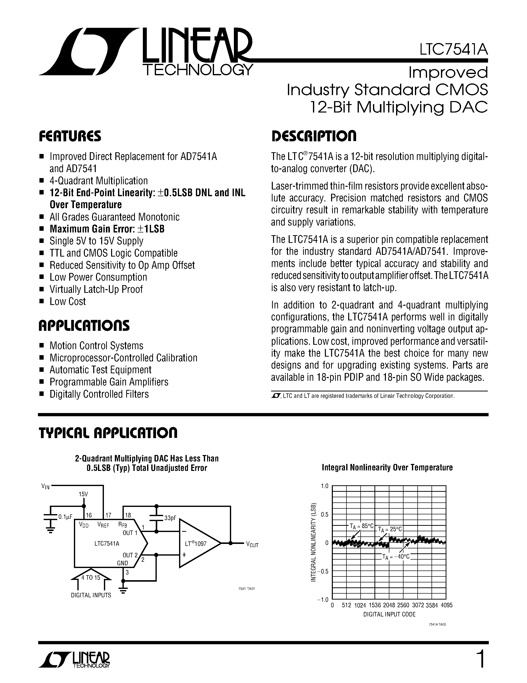 Datasheet LTC7541AJSW - Improved Industry Standard CMOS 12-Bit Multiplying DAC page 1