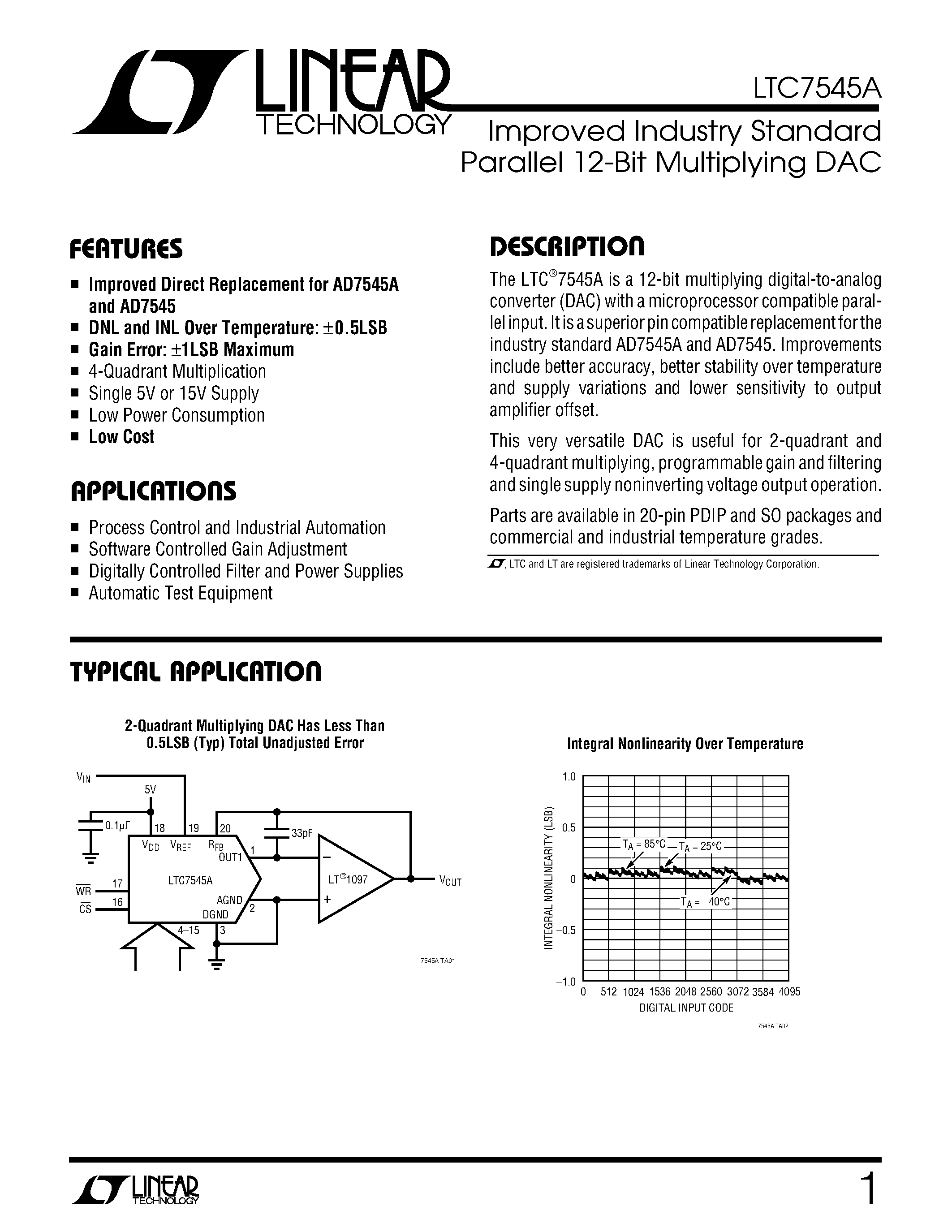 Datasheet LTC7545A - Improved Industry Standard Parallel 12-Bit Multiplying DAC page 1