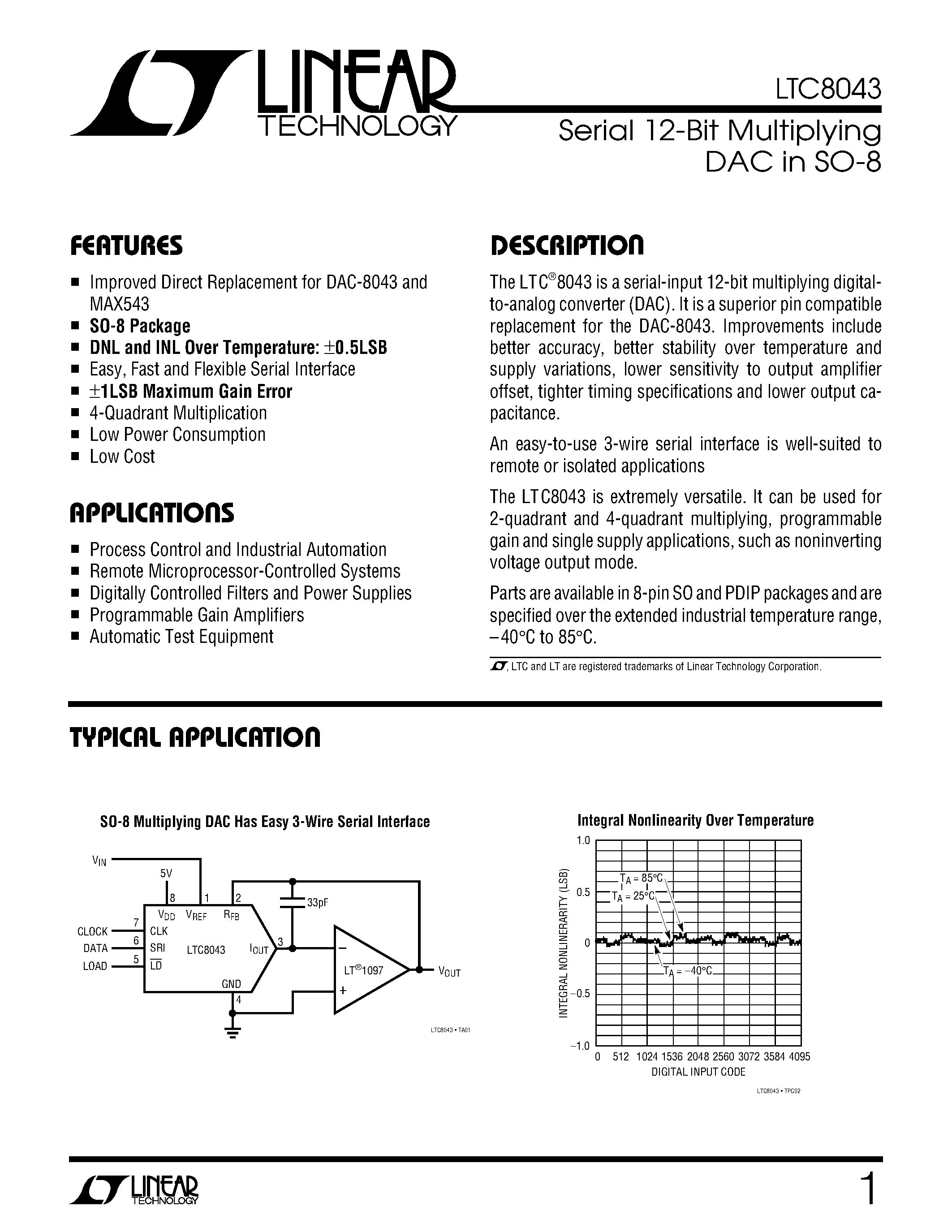 Datasheet LTC8043ES8 - Serial 12-Bit Multiplying DAC in SO-8 page 1