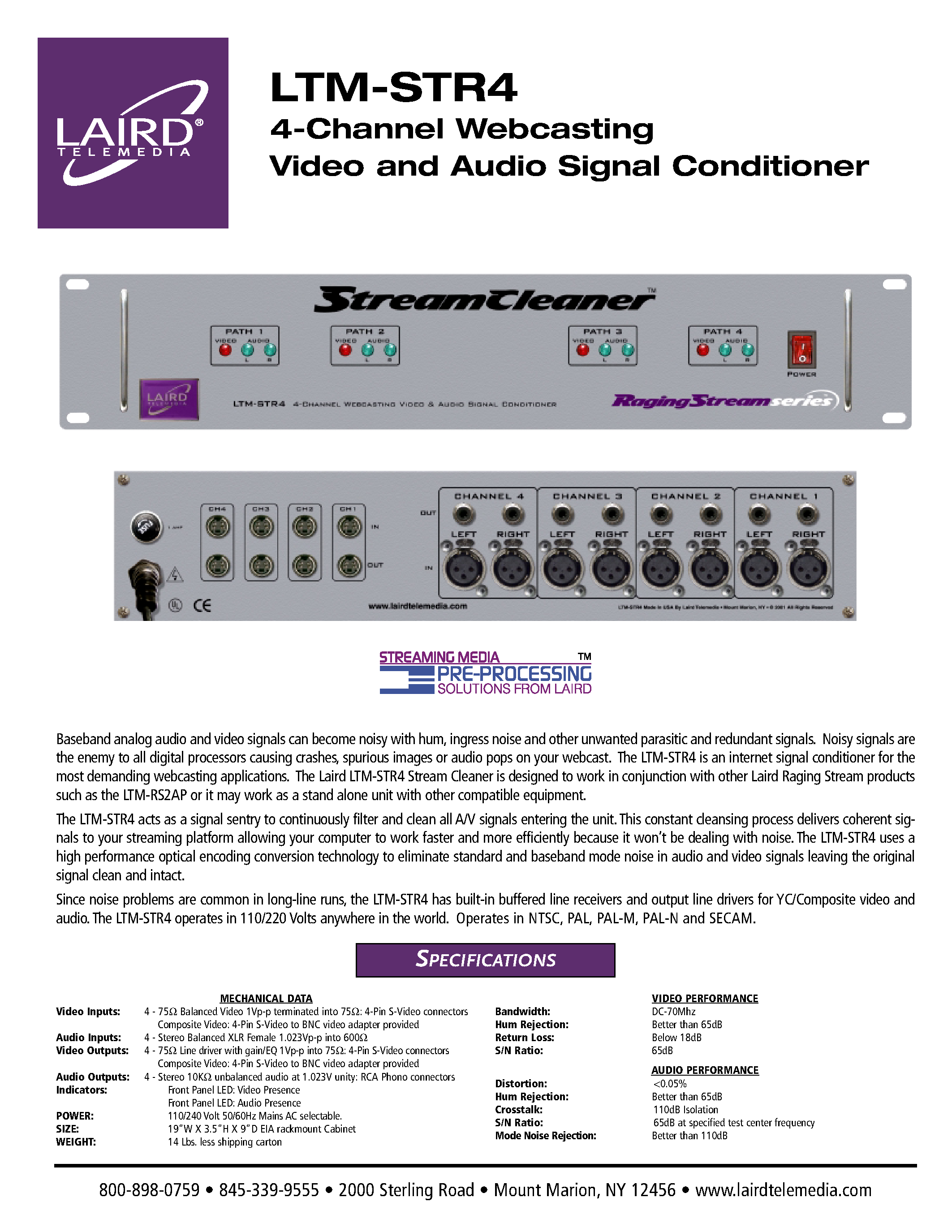 Datasheet LTM-STR4 page 1 Datasheet LTM-STR4 - 4-Channel Webcasting Video and Audio Signal Conditioner page 1
