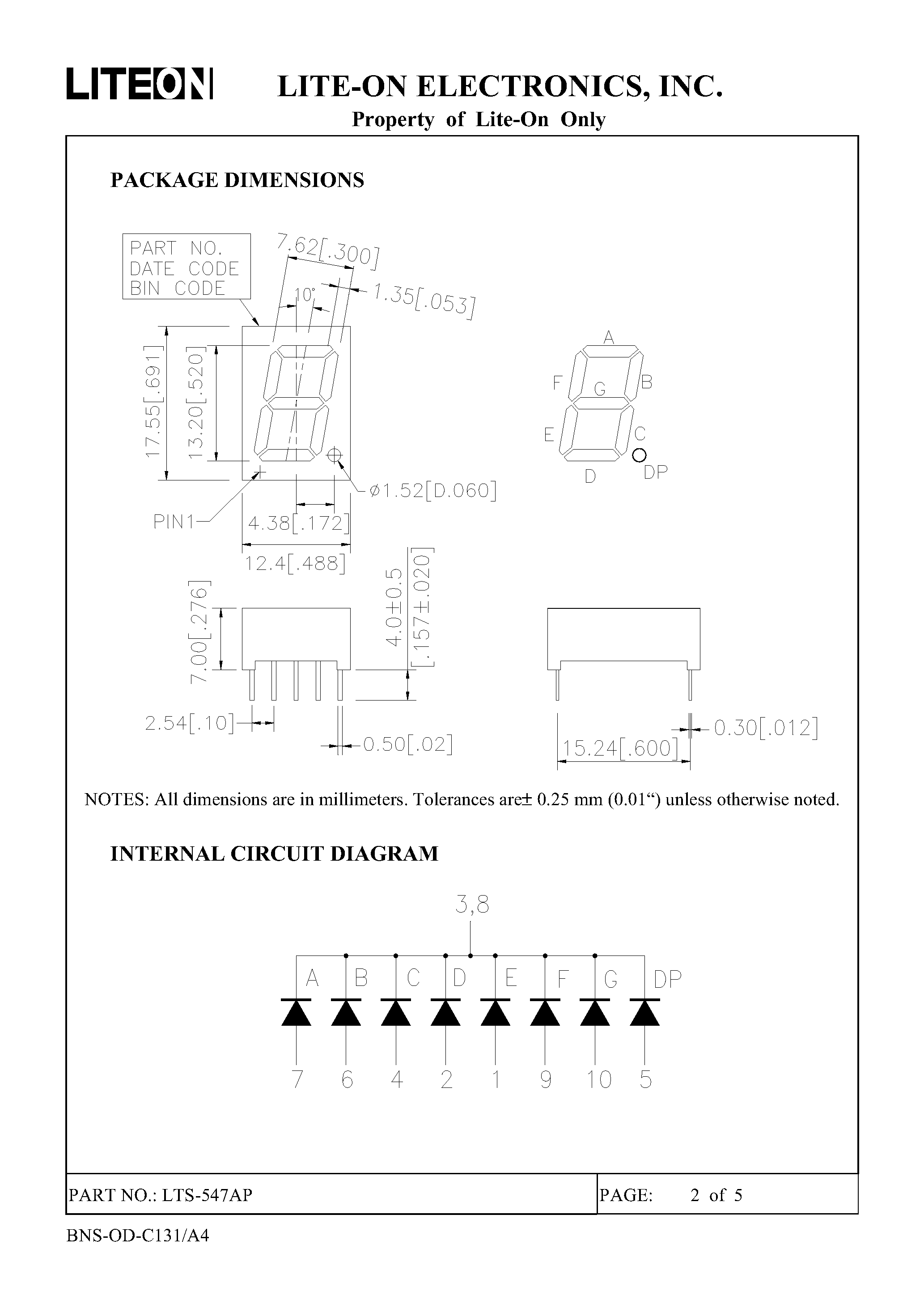 Datasheet LTS-547AP page 2 Datasheet LTS-547AP - 0.52 INCH DIGIT HEIGHT SINGLE DIGIT SEVEN SEGMENT DISPLAY page 2