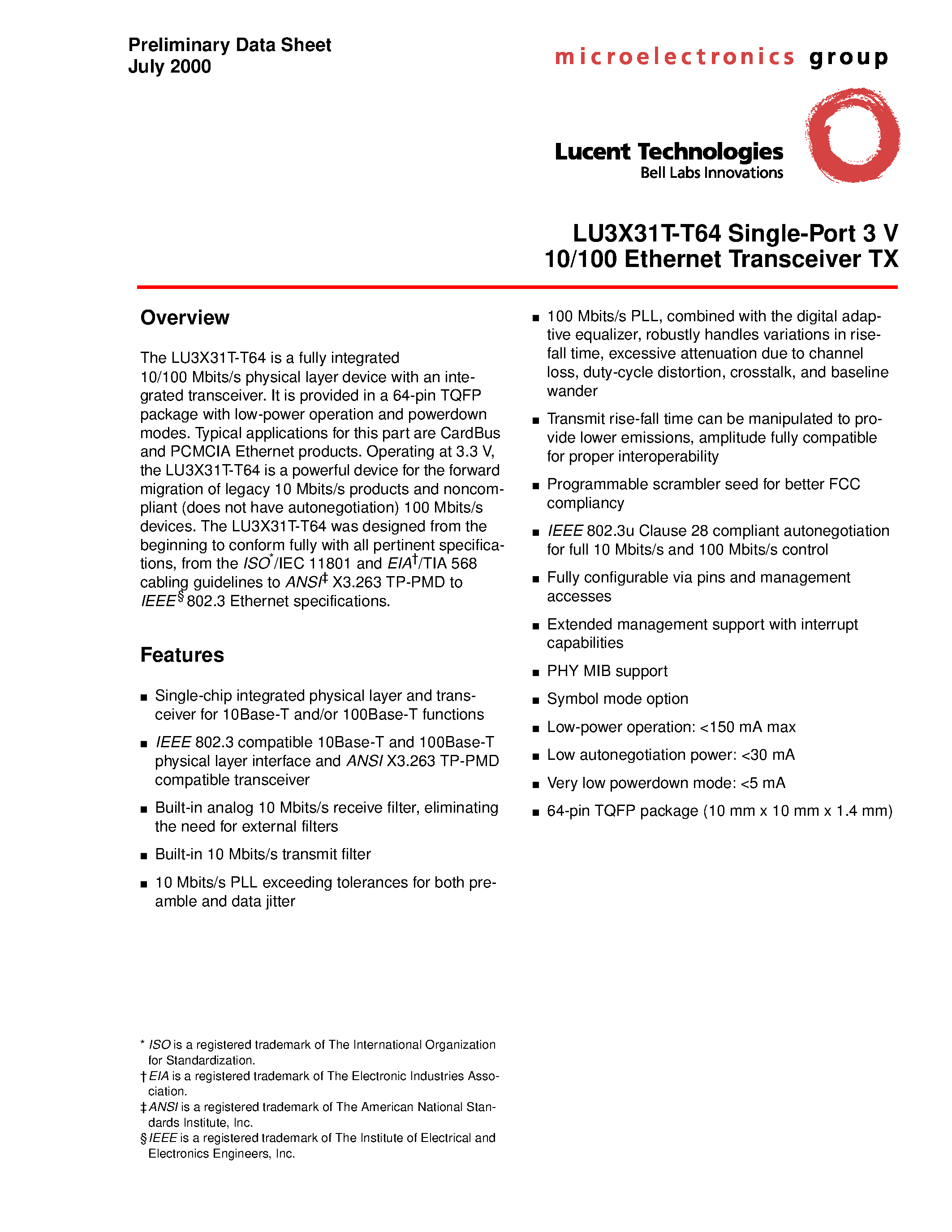 Datasheet LU3X31T-T64 - LU3X31T-T64 Single-Port 3 10/100 Ethernet Transceiver TX page 1