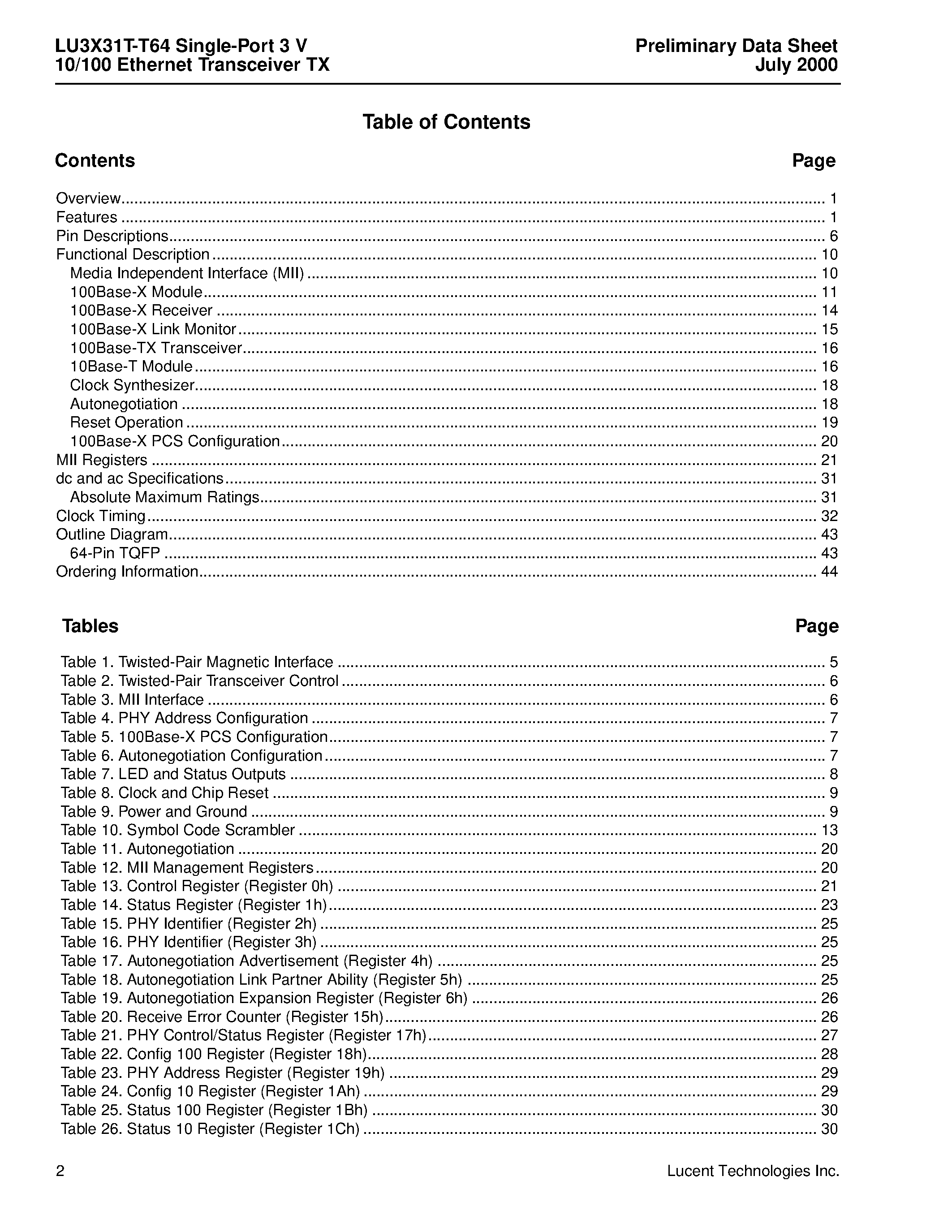 Datasheet LU3X31T-T64 - LU3X31T-T64 Single-Port 3 10/100 Ethernet Transceiver TX page 2