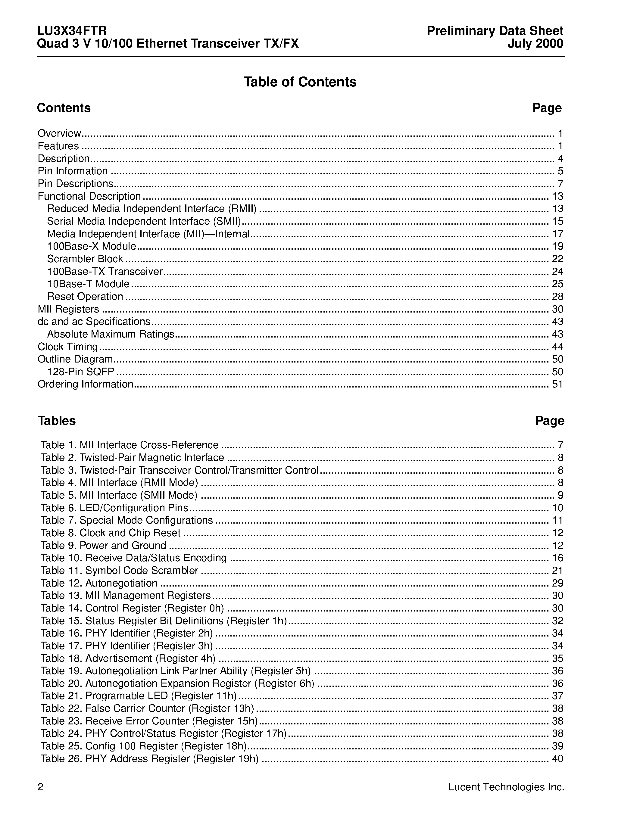 Даташит LU3X34FTR - Quad 3 V 10/100 Ethernet Transceiver TX/FX страница 2