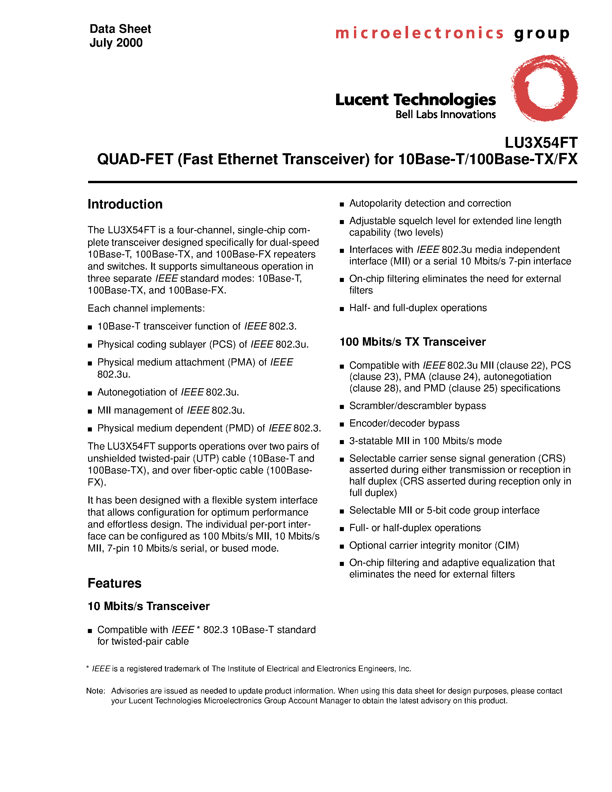 Даташит LU3X54FT - QUAD-FET (Fast Ethernet Transceiver) for 10Base-T/100Base-TX/FX страница 1