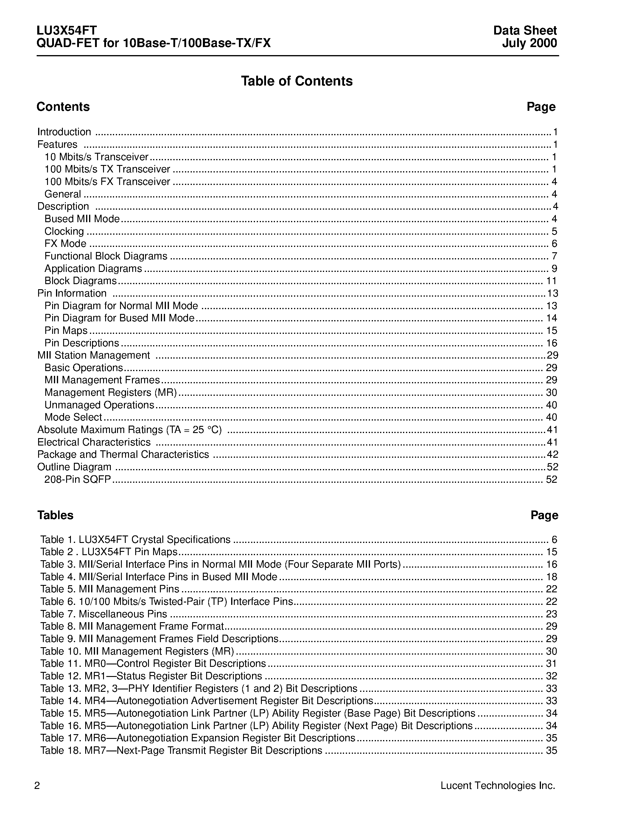 Даташит LU3X54FT - QUAD-FET (Fast Ethernet Transceiver) for 10Base-T/100Base-TX/FX страница 2