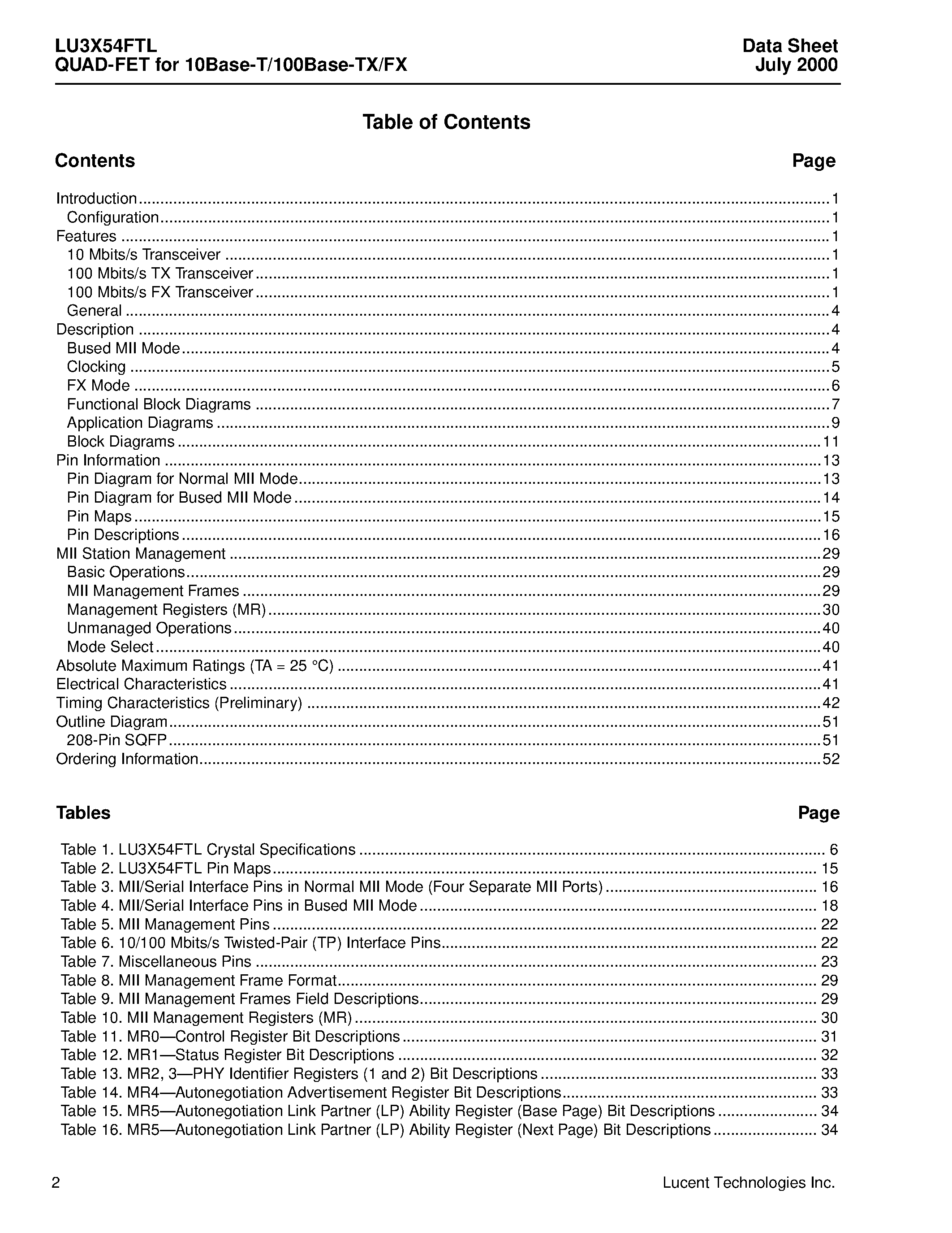 Даташит LU3X54FTL - QUAD-FET for 10Base-T/100Base-TX/FX страница 2