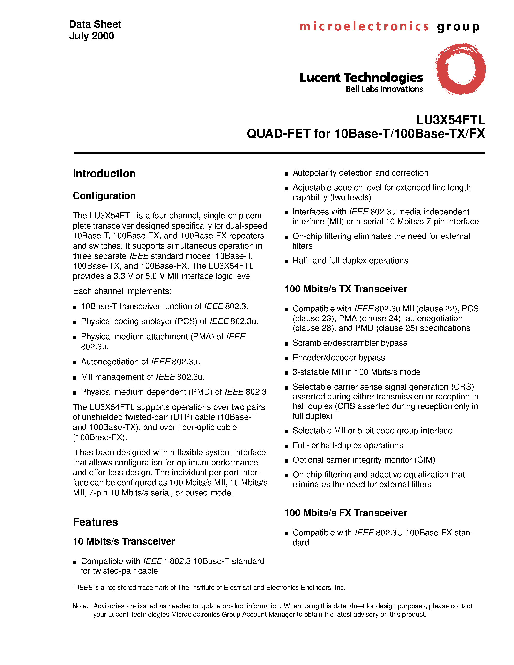 Даташит LU3X54FTL-HS208-DB - QUAD-FET for 10Base-T/100Base-TX/FX страница 1