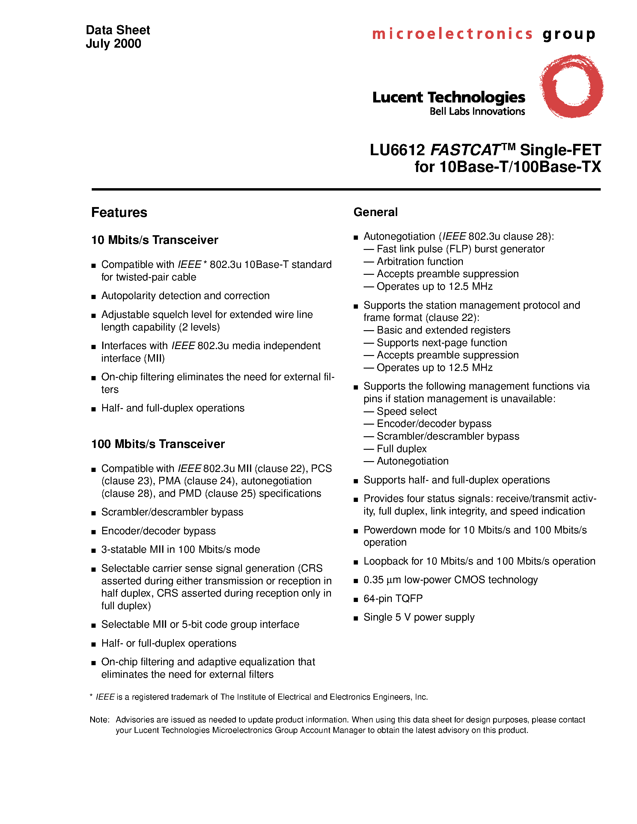Даташит LU6612 - LU6612 FASTCAT TM Single-FET for 10Base-T/100Base-TX страница 1