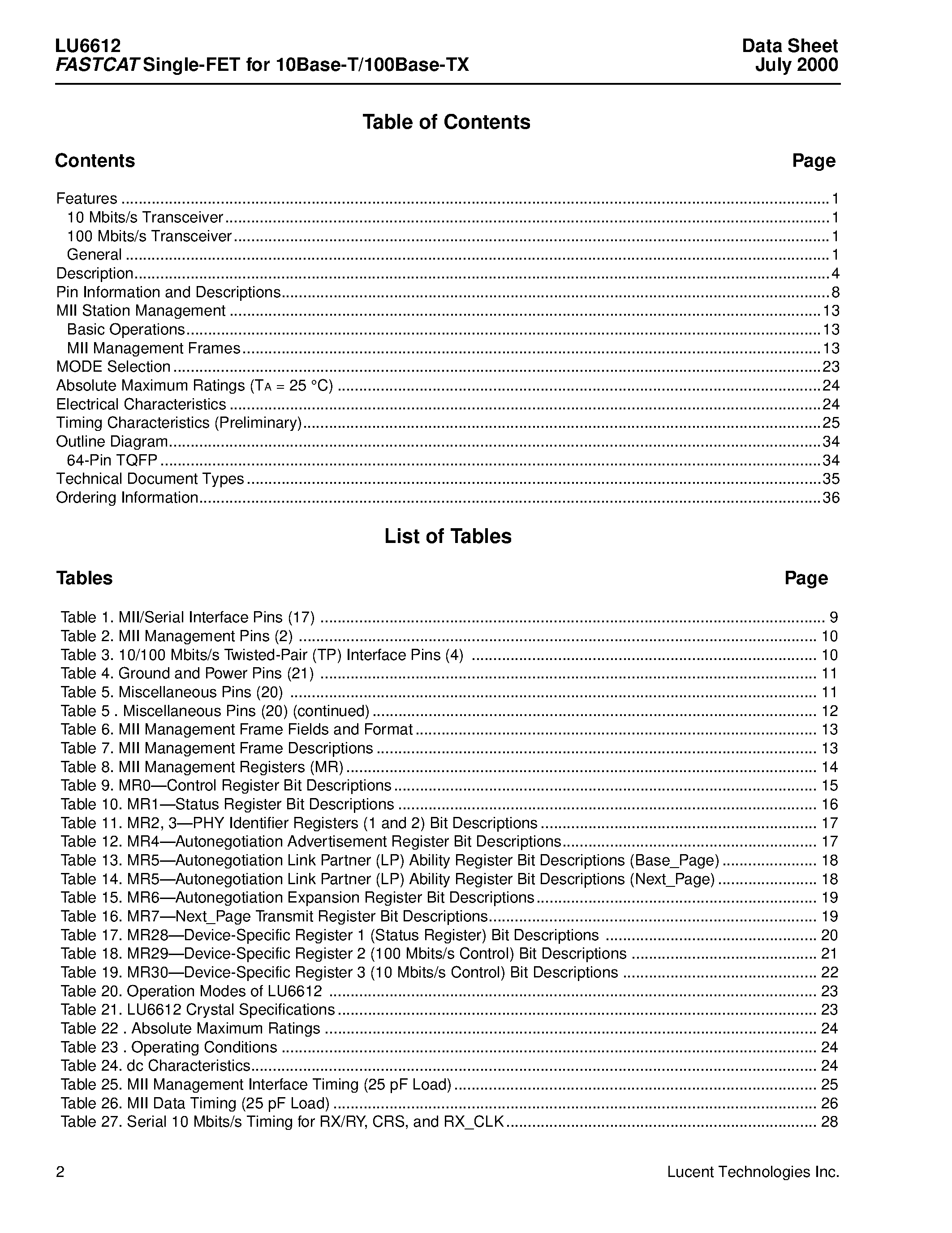 Даташит LU6612-T64-DB - LU6612 FASTCAT TM Single-FET for 10Base-T/100Base-TX страница 2