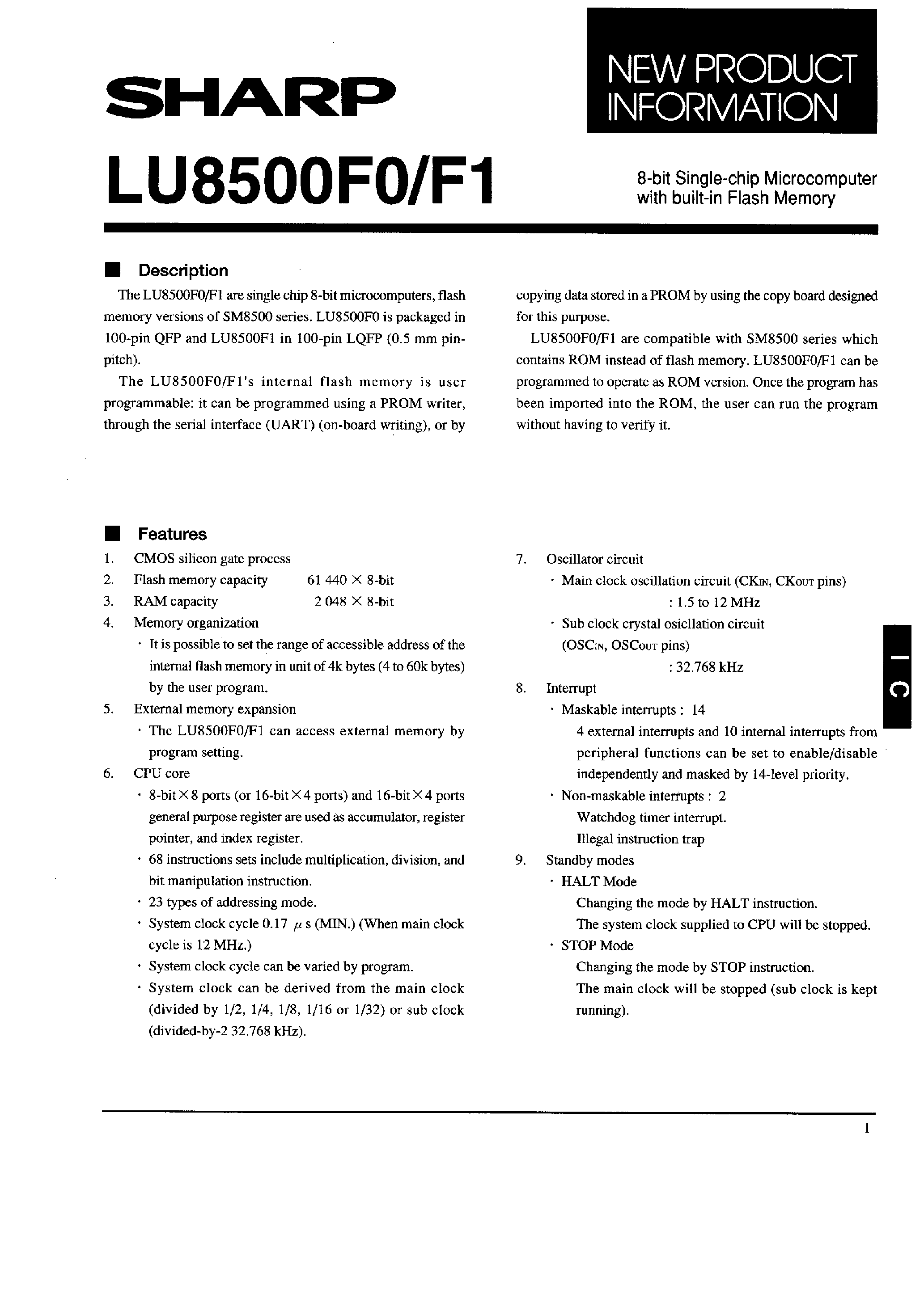 Datasheet LU8500F1 - 8-bit Single-chip Microcomputer with built-in Flash Memory page 1