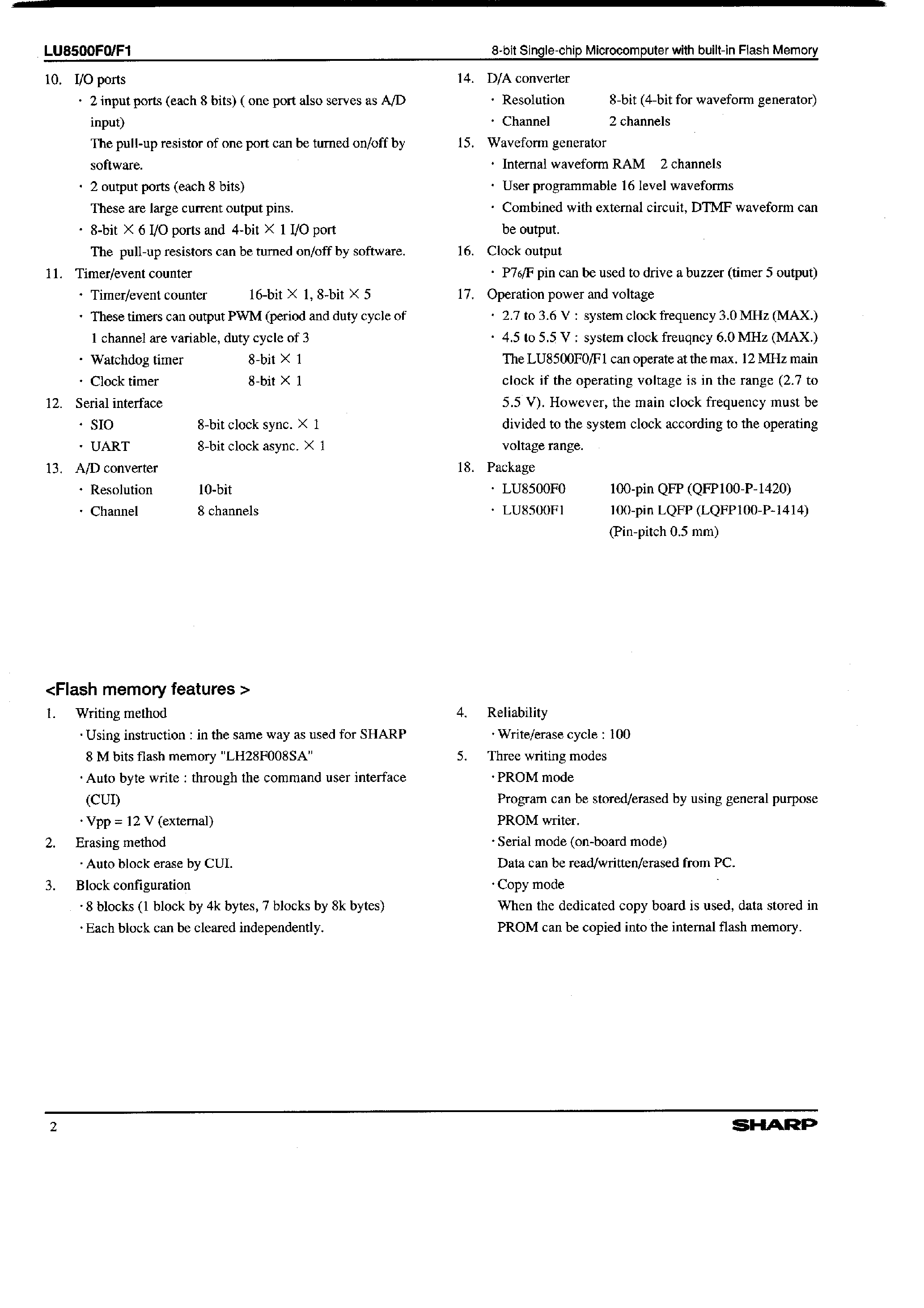 Datasheet LU8500F1 - 8-bit Single-chip Microcomputer with built-in Flash Memory page 2