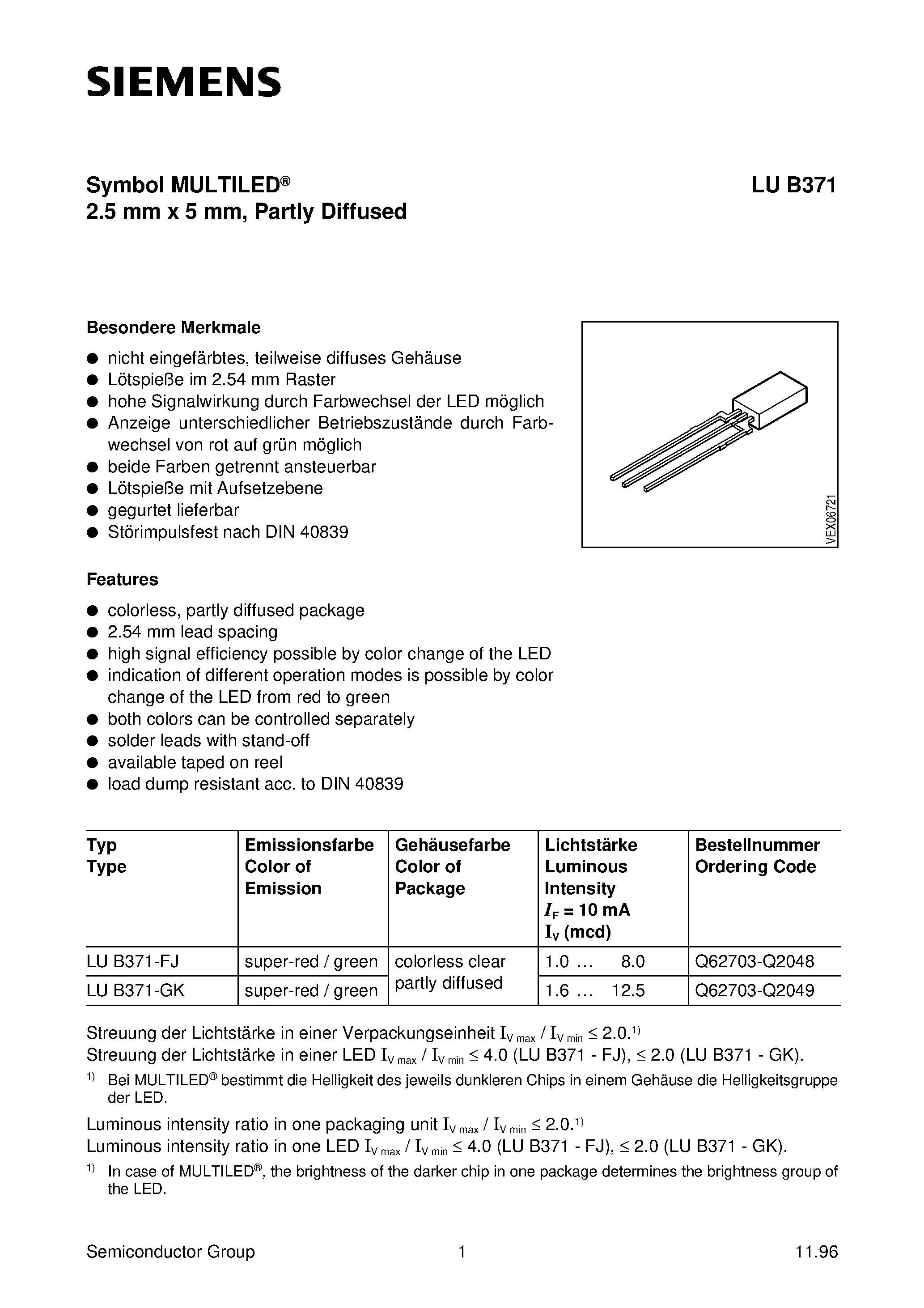 Datasheet LUB371-GK - Symbol MULTILED 2.5 mm x 5 mm/ Partly Diffused page 1